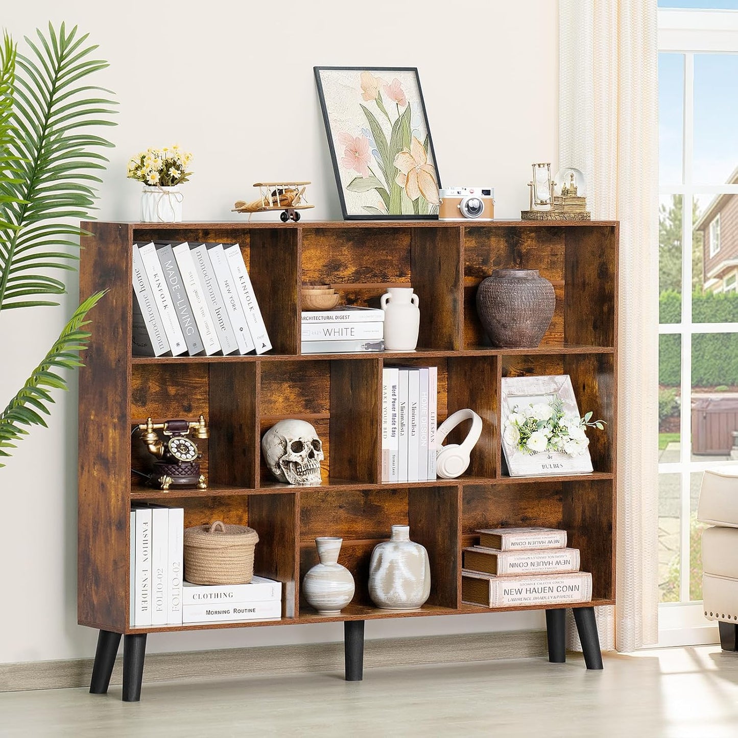 LEYAOYAO 10 Cube Bookshelf, 3 Tier Vintage 55.12" Wide Bookcase with Legs, Mid-Century Wood Bookshelves Storage, Brown Large Book Case, Freestanding Organizer Display Shelf for Living Room, Office