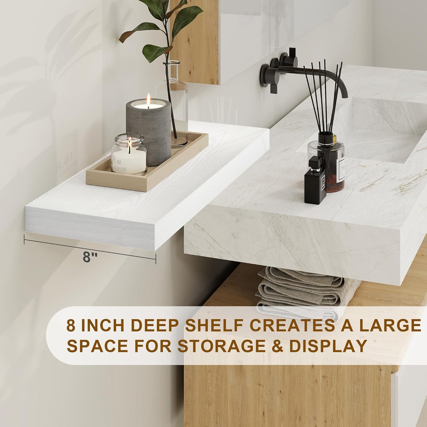 Fun Memories Deep White Floating Shelves, 8 Inch Deep Floating Shelf for Wall, Rustic White Wall Shelves 55 Inch Long, Large 55 x 8 Storage Shelves for Living Room, Bedroom, Kitchen