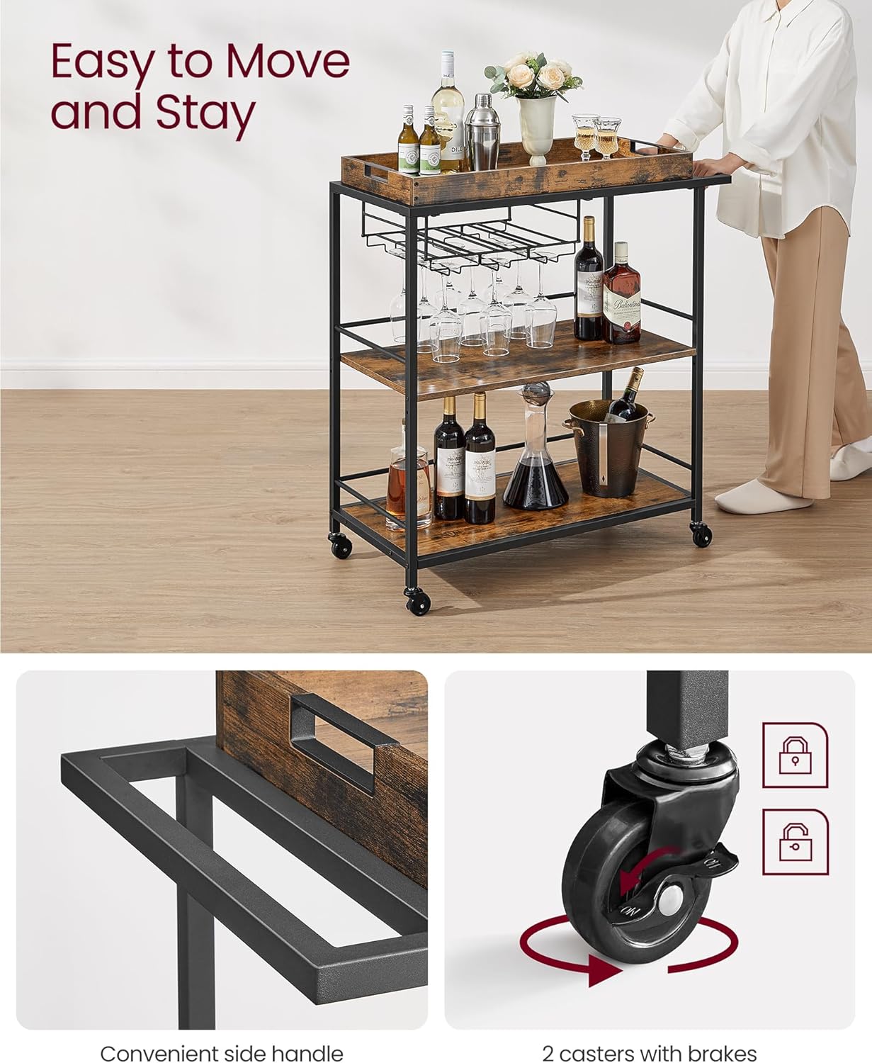VASAGLE Kitchen Serving Cart with Removable Tray, 3-Tier Kitchen Utility Cart on Wheels with Storage, with Brakes, Leveling Feet, 15.7 x 34.6 x 37.8 Inches, Rustic Brown and Black ULRC093B01