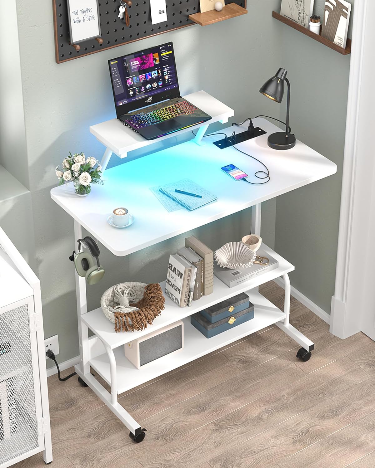 Height Adjustable Standing Desk with Power Outlets and LED Lights - 32" Manual Stand Up Desk with Monitor Stand and Storage Shelves Small Mobile Rolling Computer Desk Portable Laptop Table, White