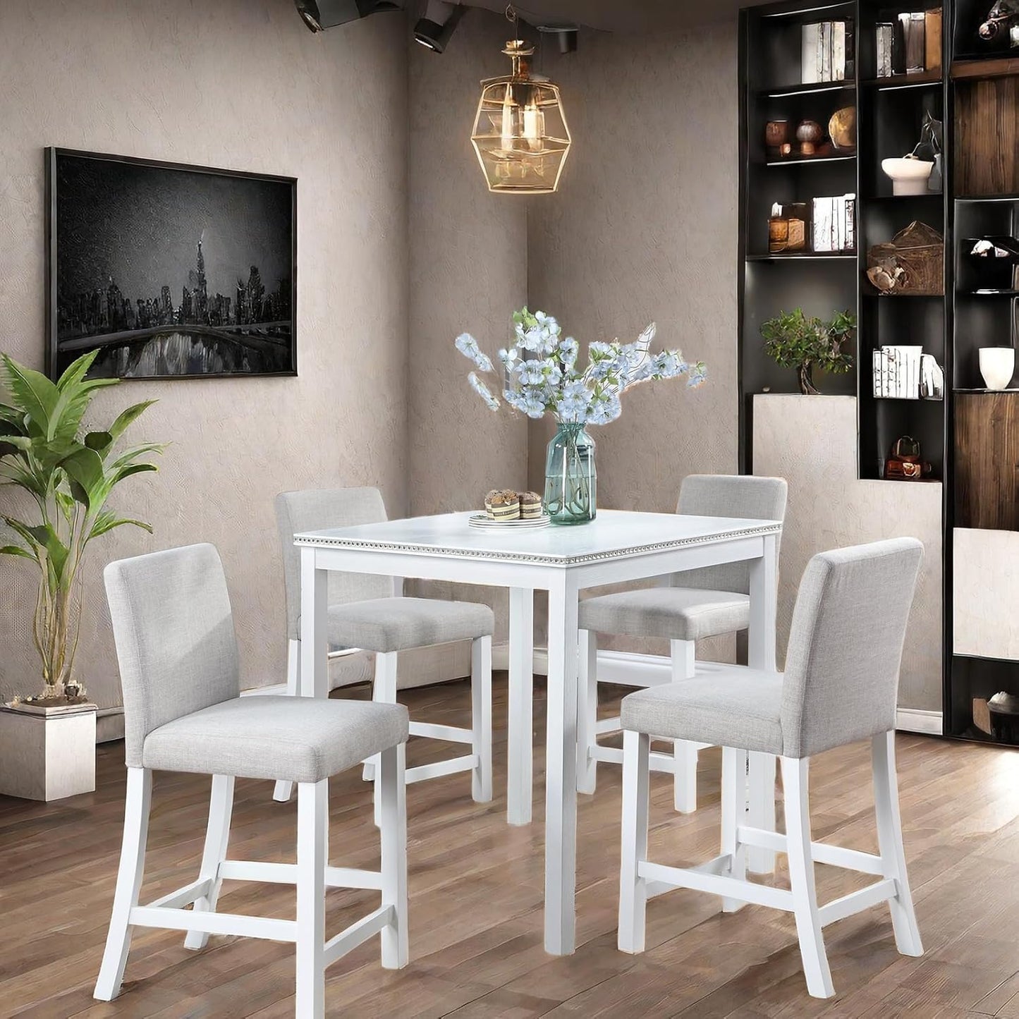 5PCS Modern White Counter Height Dining Table Set, Square Table with Crystal Decoration and 4 Upholstered Chairs for Kitchen, Dining Room
