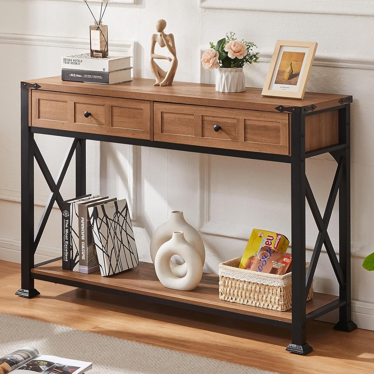 HOMBAZAAR Entryway Table,Rustic Console Table with 2 Drawers, Industrial Console Tables with Storage for Entryway, Hallway, Living Room,Brown,47 Inch