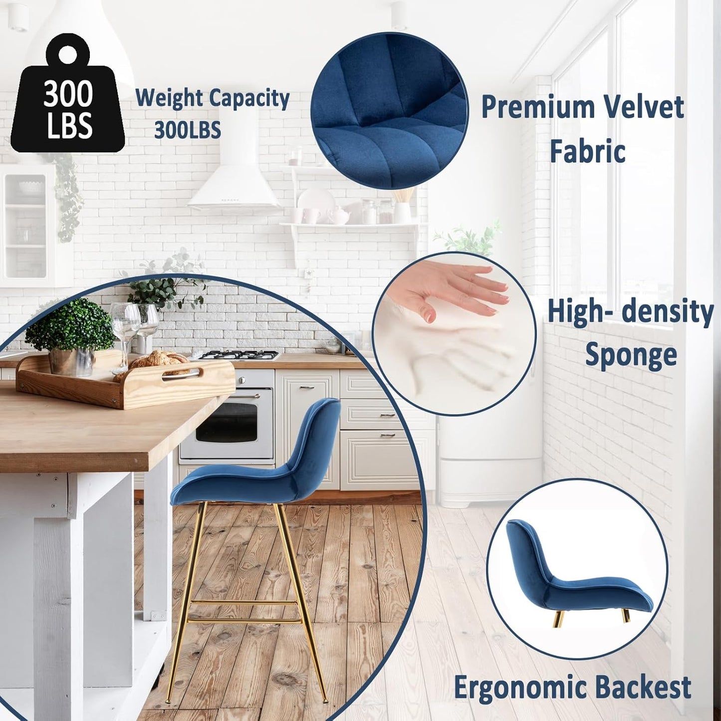 Sidanli Blue Bar Stools Set of 2, 24 Inch Velvet Counter Height Bar Stools with Footrests, Modern Bar Chairs for Home, Kitchen Island, Dining Room