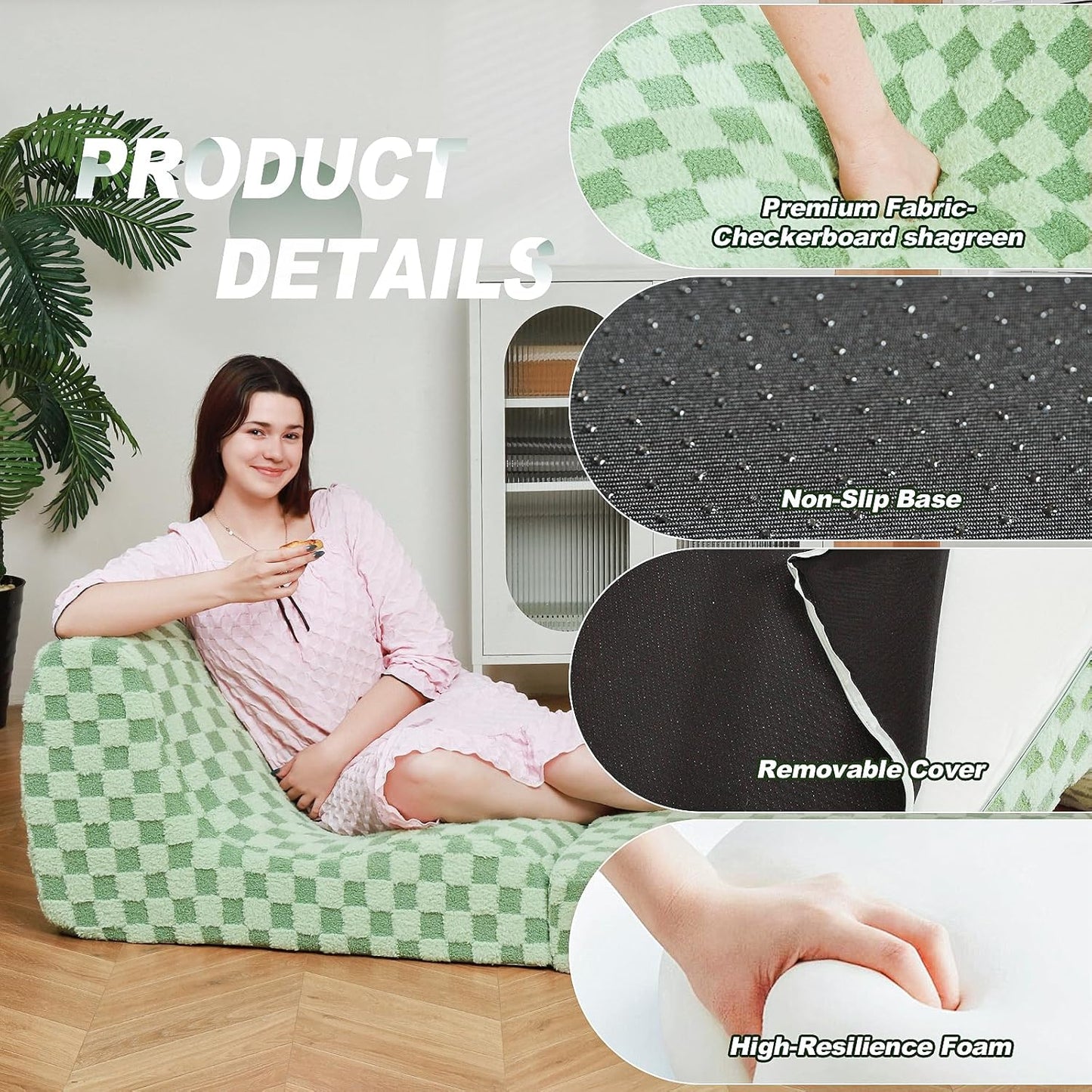 Bean Bag Chair with Checkerboard Shaker Fleece Fabric, Folding Sofa Bed, Floor Sleeper Lounge Chair, Lazy Sofa for Living Room, Bedroom, Apartments (Mint Green)