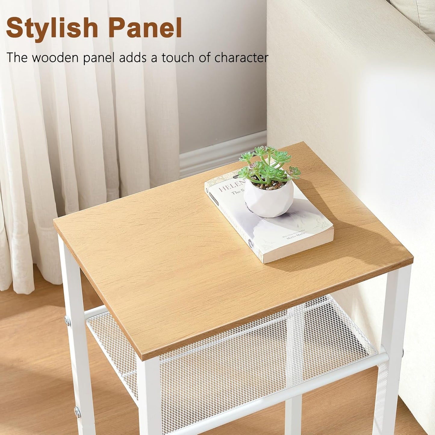 Hoctieon 3 Tier End Table, Telephone Table, Narrow Side Table with Storage, Nightstand for Small Spaces, Metal Frame, for Living Room, Bedroom, Sofa Couch, Hall, Easy Assembly, White and Yellow Oak