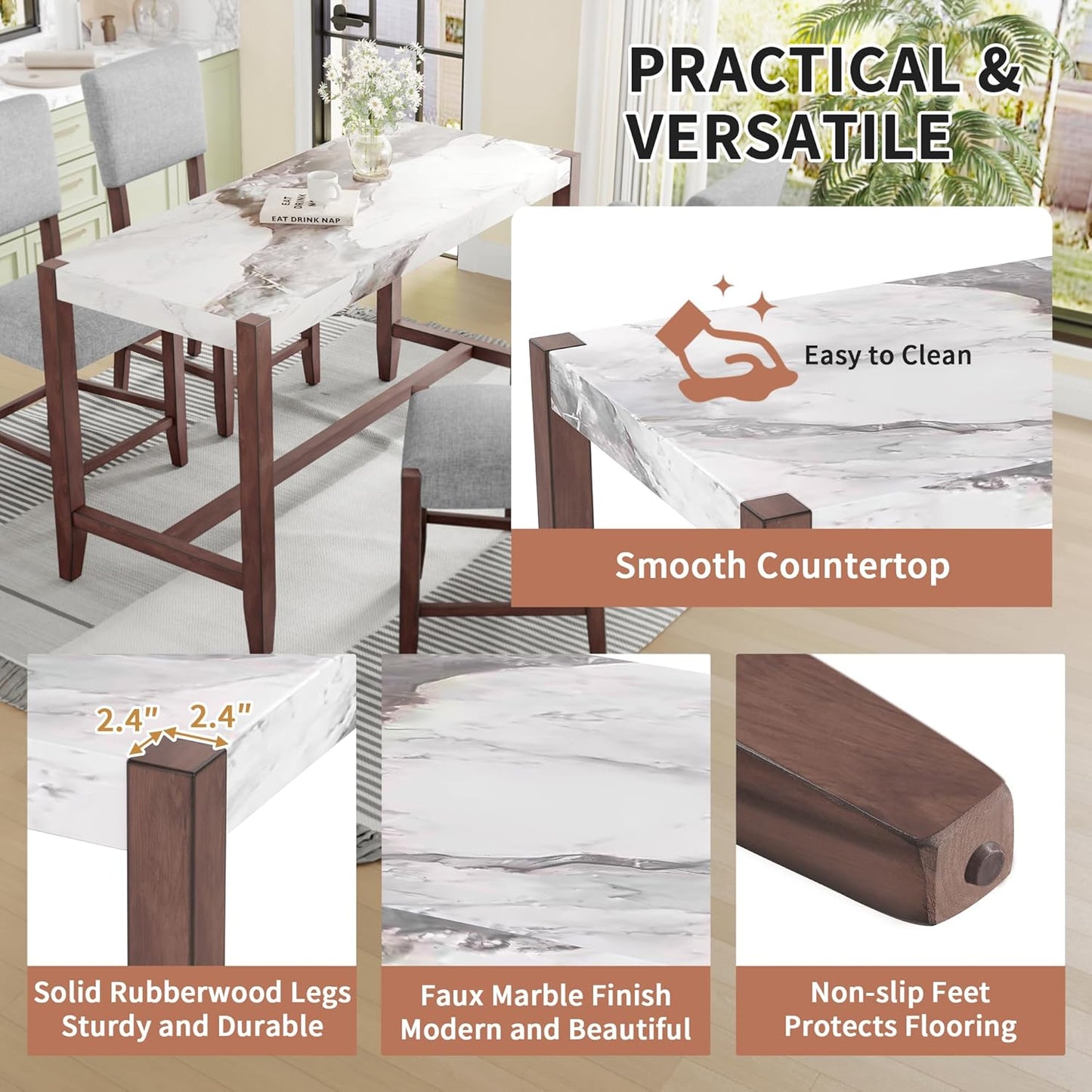 Ball & Cast 5-Piece Dining Table Set for 4,Kitchen Table Set W/Faux Marble Bar Table,Counter Height Living Room Furniture W/ 4 Upholstered Chairs,for Dining Room,Pub Kitchen,Small Place,Gray+White