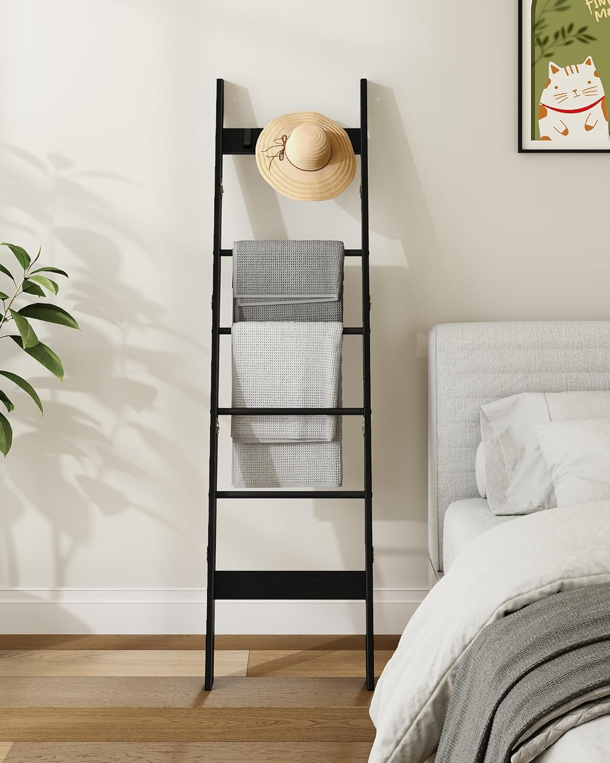 Blanket Ladder for Living Room, Decorative Quilt Rack with 4 Removable Hooks, 6-Tier Farmhouse Ladder Holder Shelf Organizer for Bedroom, Black BR31504B