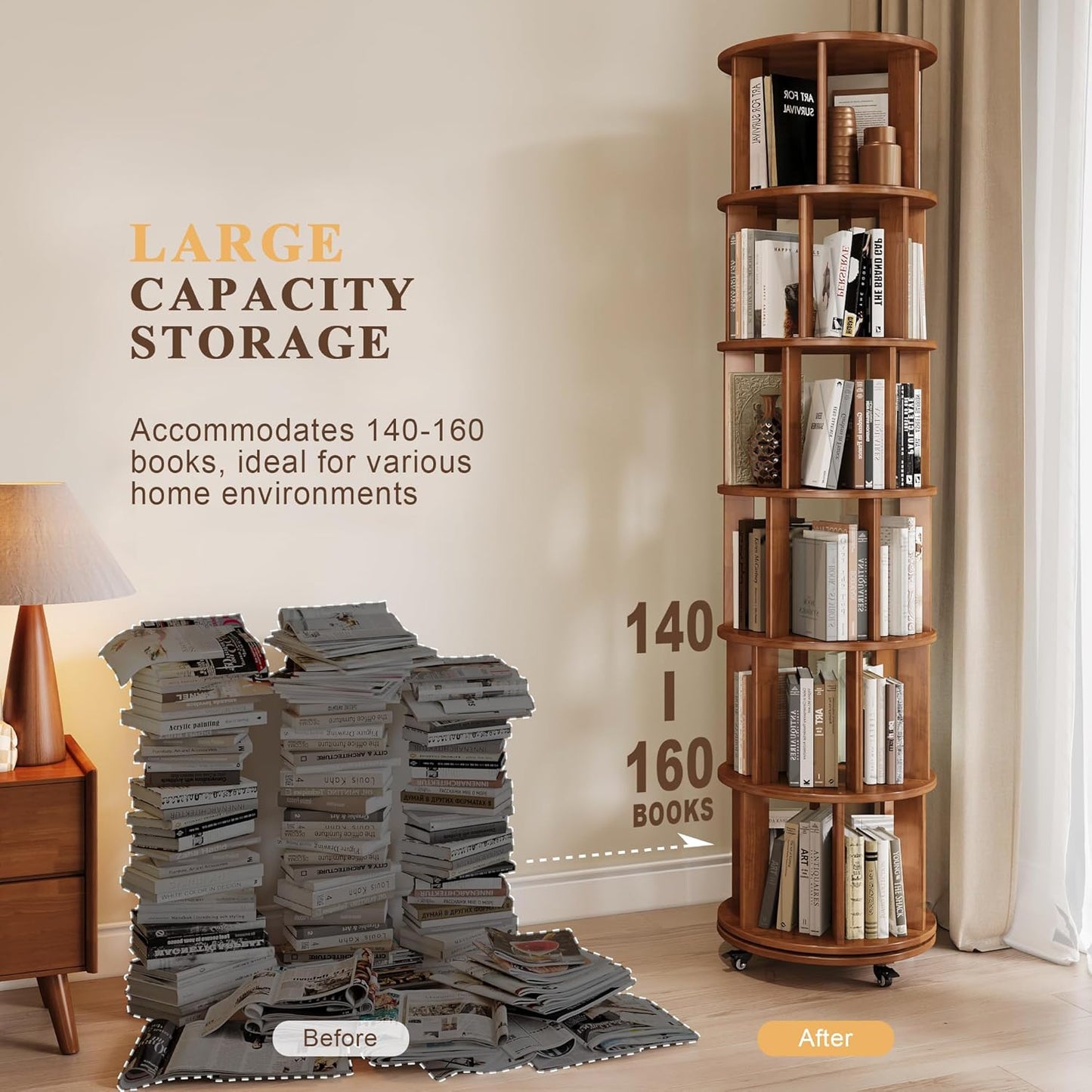 6 Tier Bookshelf Tower, 360° Solid Wood Spinning Bookcase with Swivel Wheels, Floor Standing Book Shelf for Small Space, Bookshelf for Home Office Study Room Bedroom Living Room