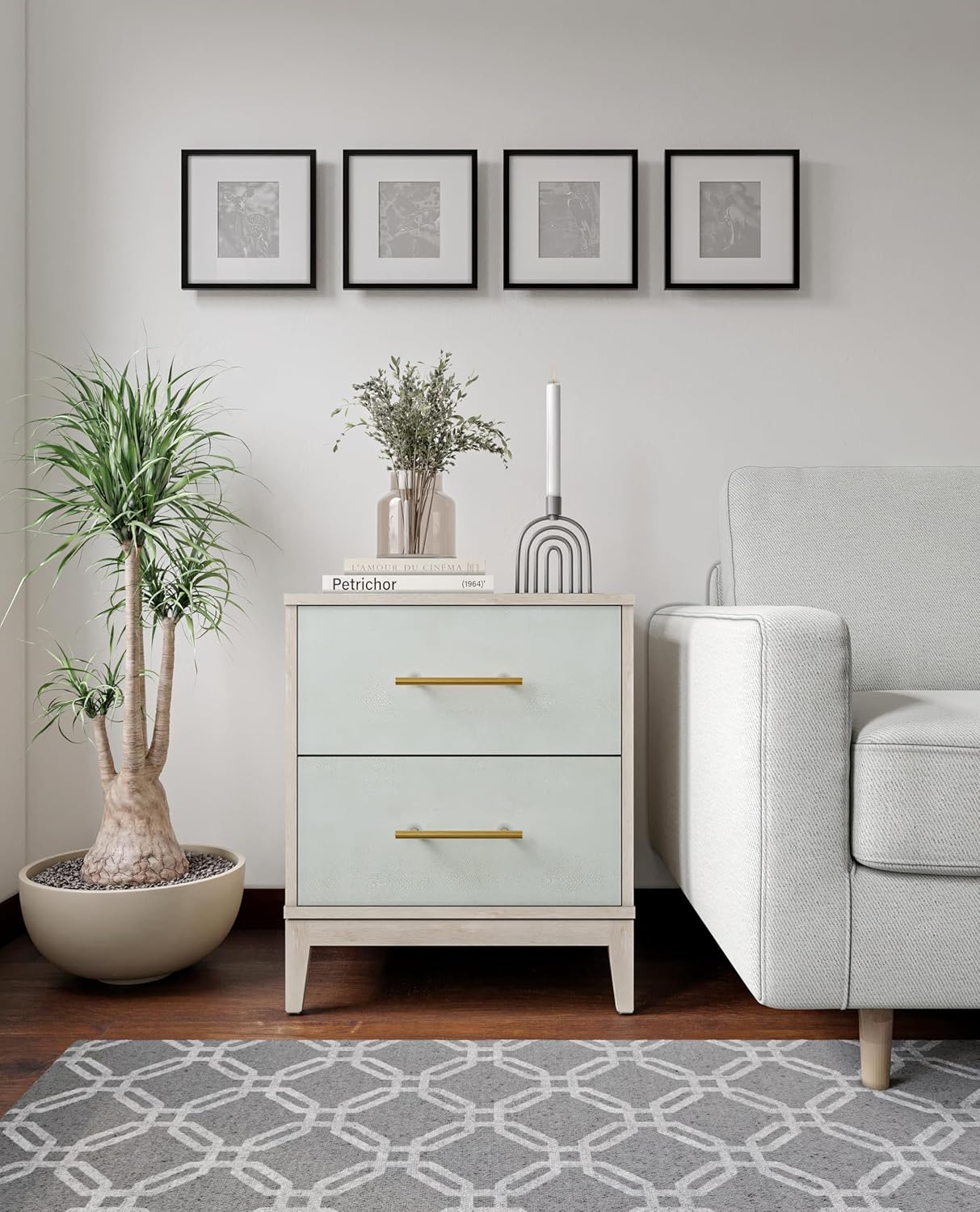 Sango Shagreen 2-Drawer Nightstand, Modern Natural Wood Bedside Table with Gray Faux Shagreen Drawer Fronts, Brass Handles, Sturdy Legs, Elegant Storage for Contemporary & Luxury Homes