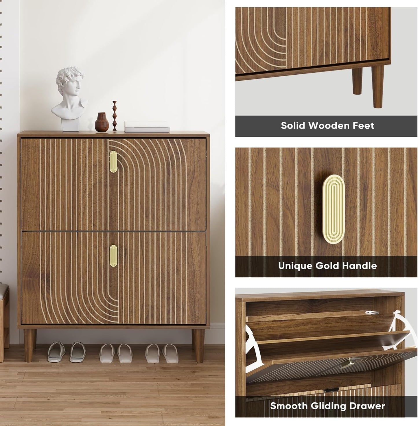 Smuxee Shoe Cabinet with 2 Flip Drawers, 31.5" Walnut Hidden Shoe Storage Cabinet with Line Groove Design, Freestanding Shoe Organizer Cabinet for Entryway, Hallway, Living Room