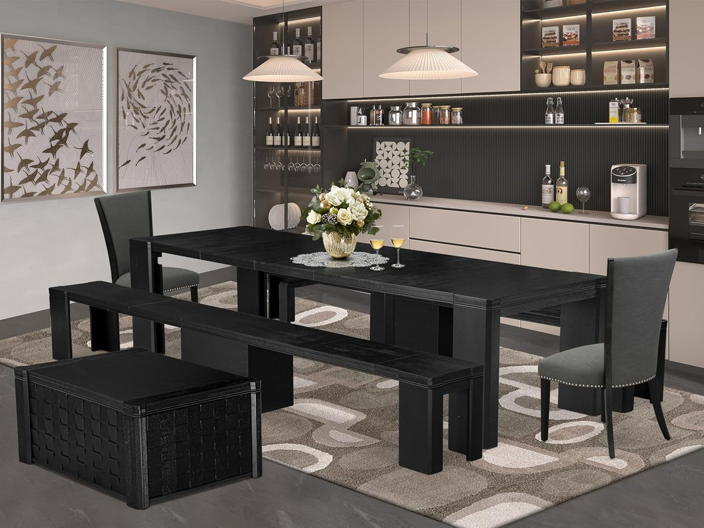 X02VE-2C6-50 - 6-pc Dining Table Set a Kitchen Table with a coffee Table and 2 wooden Benches and 2 Dark Gotham Grey Linen Fabric Chairs, 39x120 Inch, Wire Brushed Black