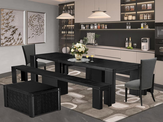 X02VE-2C6-50 - 6-pc Dining Table Set a Kitchen Table with a coffee Table and 2 wooden Benches and 2 Dark Gotham Grey Linen Fabric Chairs, 39x120 Inch, Wire Brushed Black