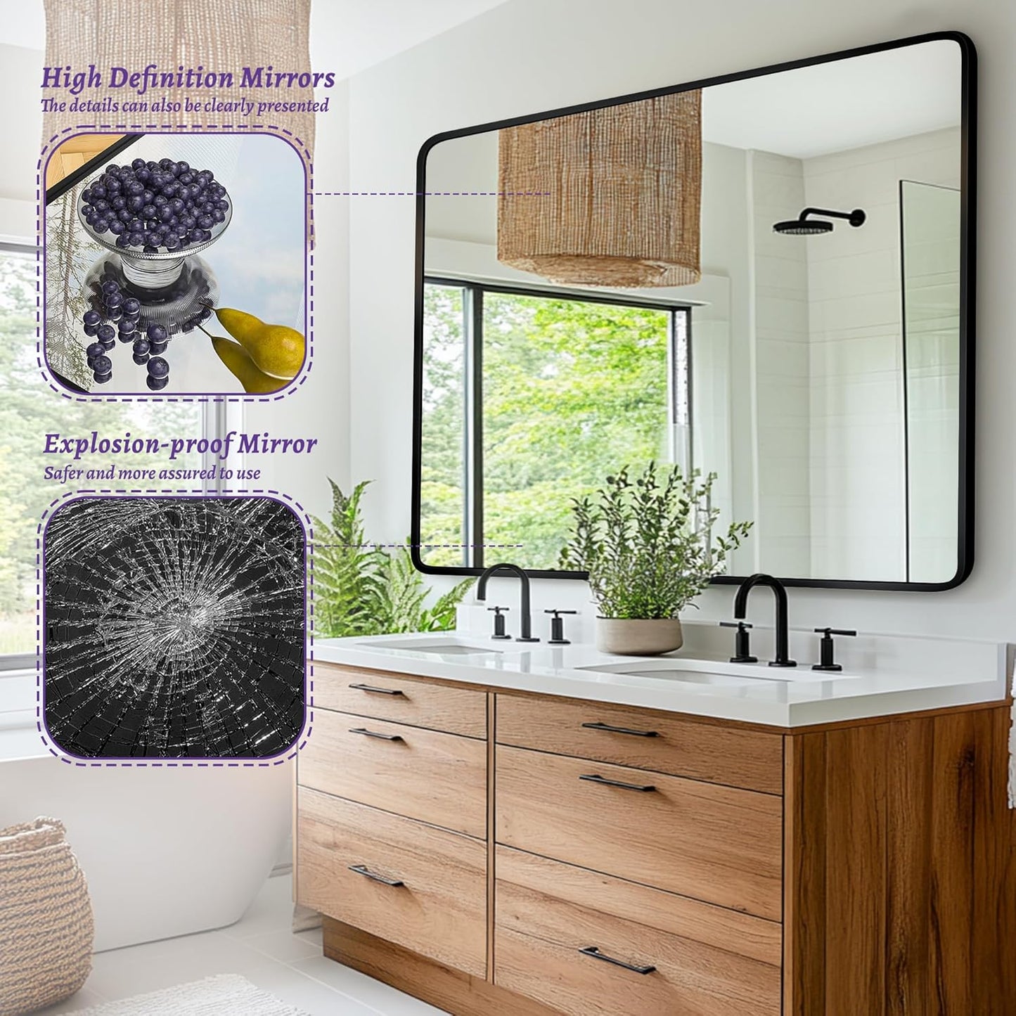 Bathroom Mirror, 48" x 30" Wall Mirror, Rectangular Aluminum Alloy Frame Contemporary Hanging Mirror for Living Room Bathroom Entryway, Black Rounded Corner