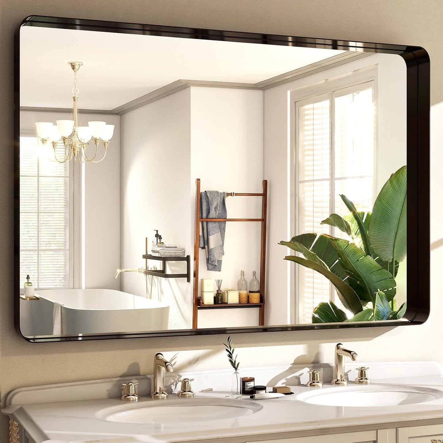 30"x40" Black Bathroom Mirror - Modern Mirror for Wall with Rounded Corners. Bathroom Mirrors for Vanity, Aluminum Alloy Framed Mirror Portrait or Landscape Hang, Rectangle Mirrors