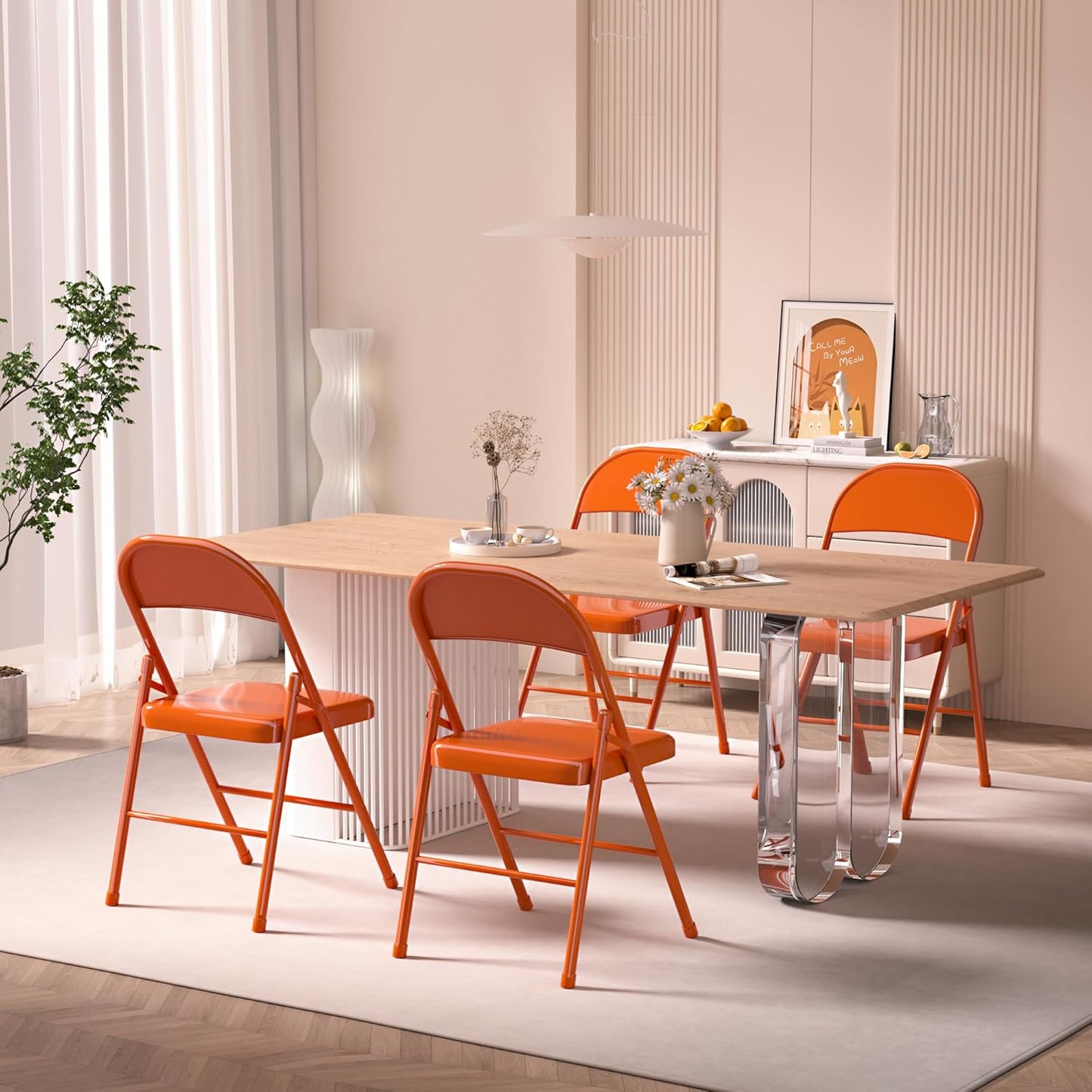 VECELO Metal Frame Steel Folding Mounted Chairs with Triple Braced & Double Hinged Back for Home Office,350-Pound Capacity,Orange, Pack of 4