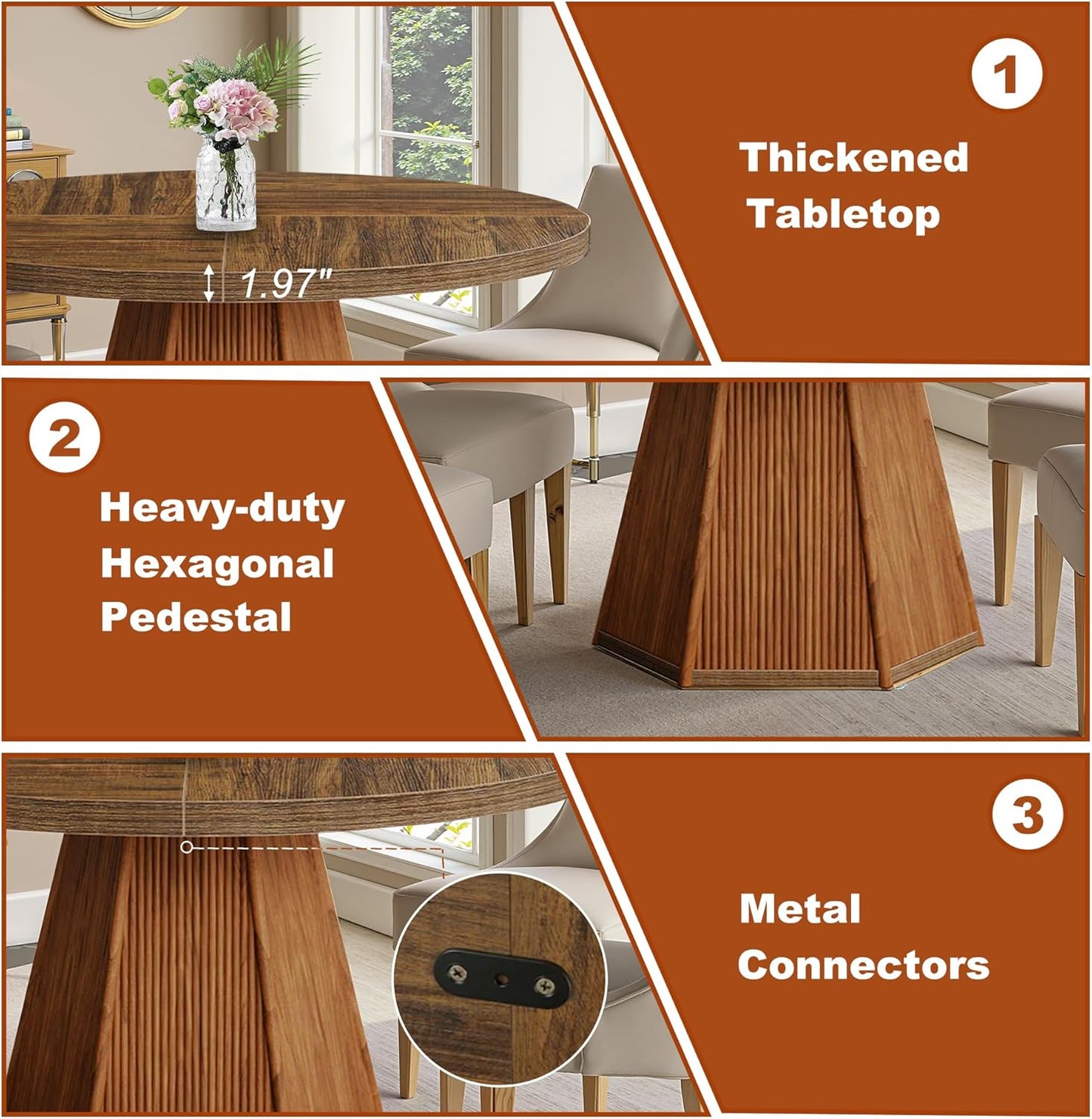 Round Dining Table for 4, 47 Inch Dinner Table Square Farmhouse Kitchen Tables with Sturdy Wooden Pedestal Base for Dining Room, Kitchen, Living Room, Dark Brown