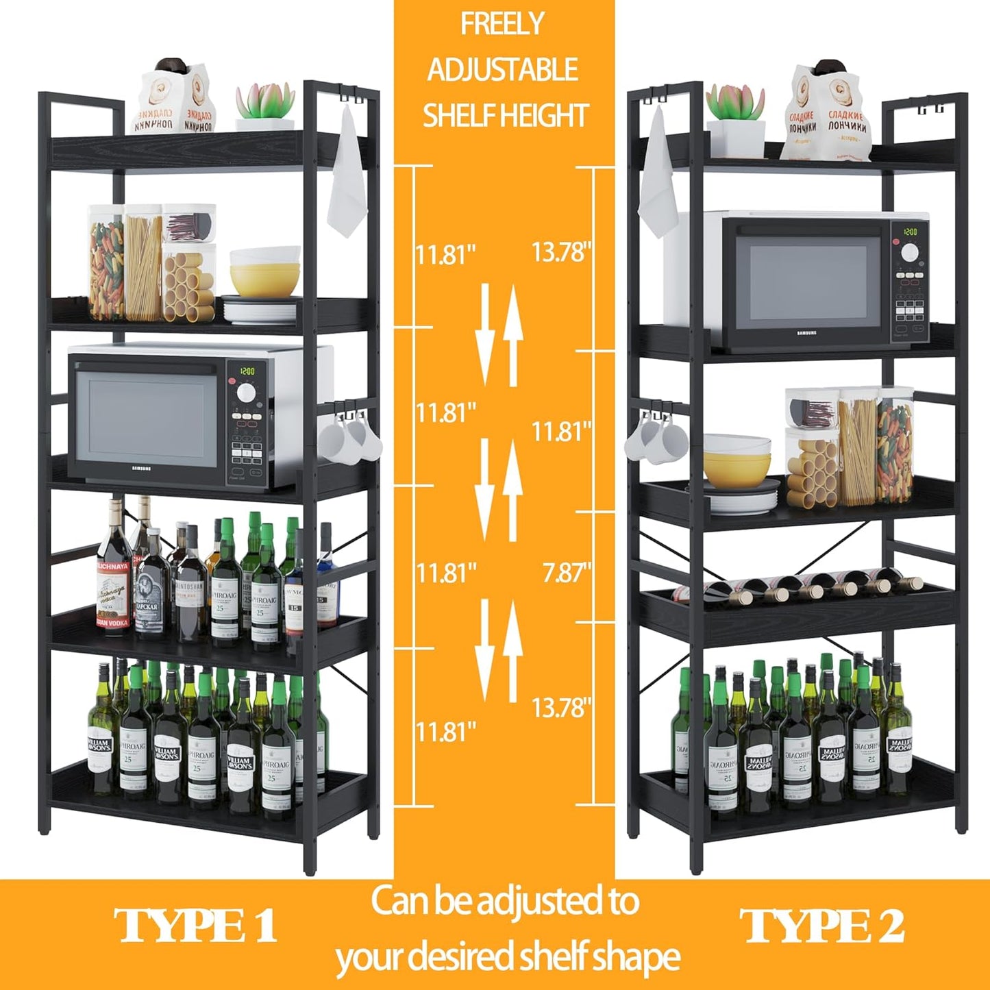 HCHQHS 5 Tier Bookshelf, Adjustable Industrial Bookcase, Vertical Tall Book Shelf, Wood and Black Metal Open Bookshelves for Home Office, Living Room, Bedroom