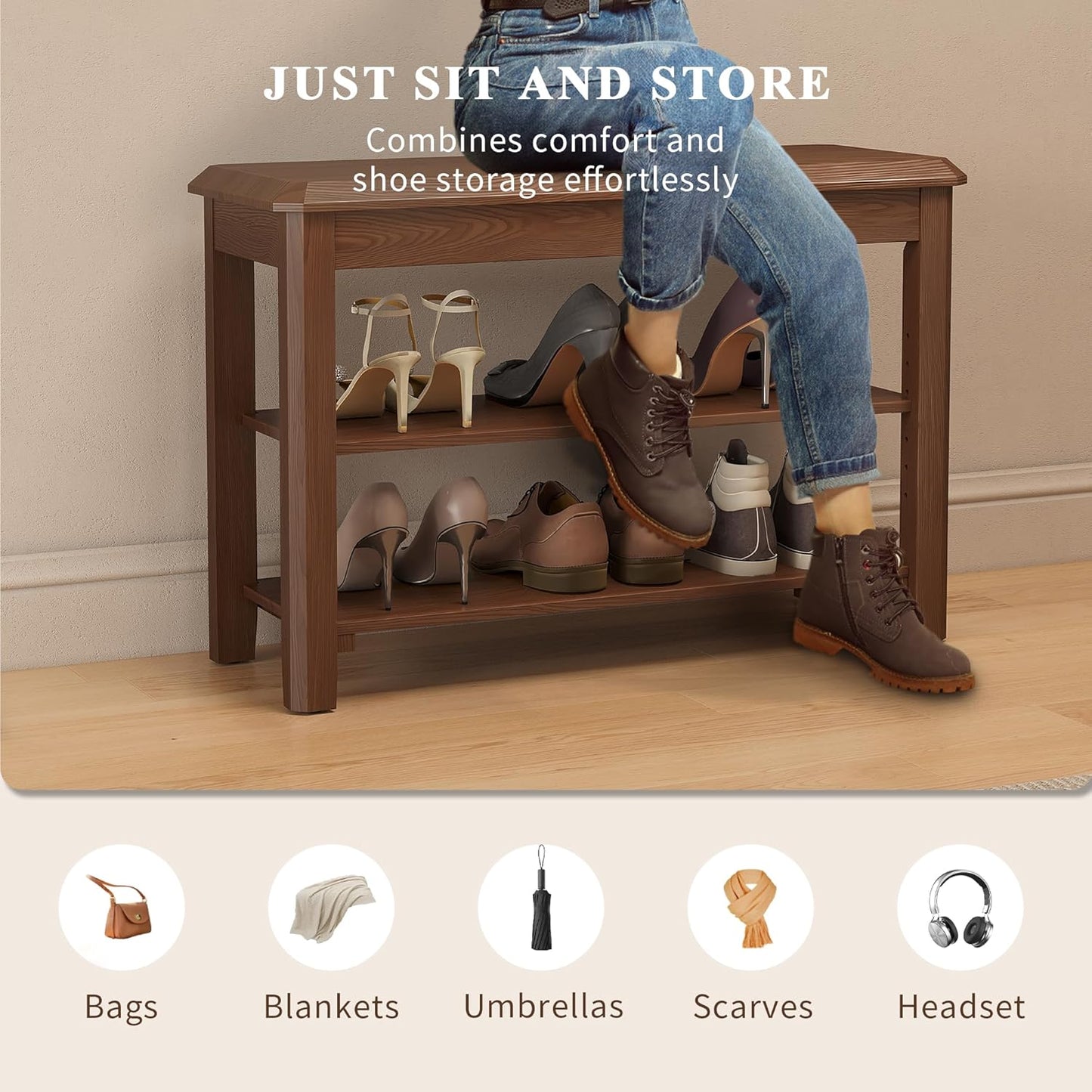 Shoe Rack for Front Door Entrance, Solid Wood Shoe Bench for Closet, Holds Up to 550lbs, Shoe Rack Bench for Entryway, Mudroom, Hallway