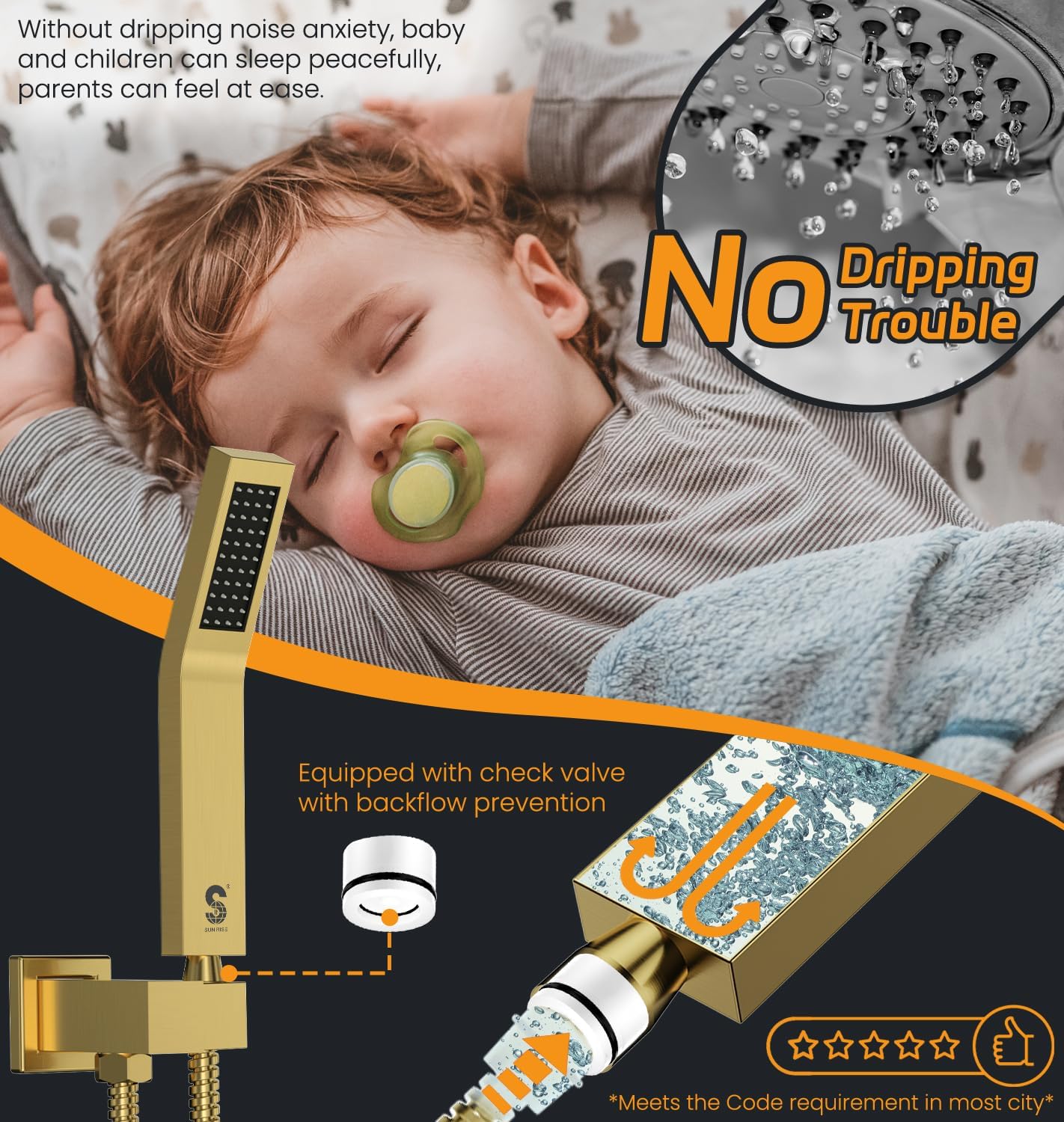 SR SUN RISE Shower Faucets Sets Complete Brushed Gold Square Rain Shower Head with Handheld Spray All Metal Shower Faucet Trim Repair Kits (Contain Shower Valve)