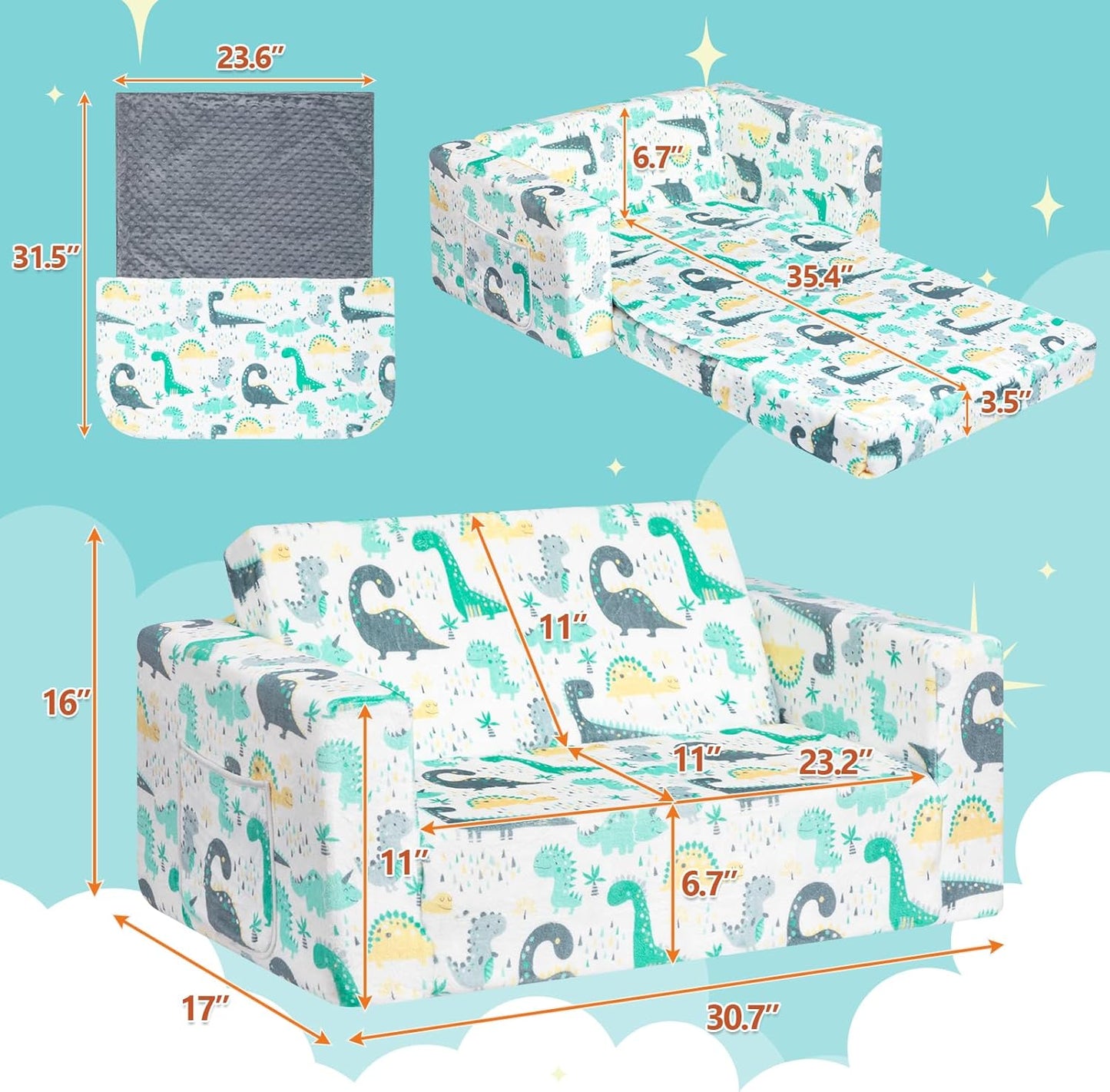 ALIMORDEN Fold Out Toddler Couch, Extra Wide Comfy 2-in-1 Cuddly Sherpa Sofa for Kids, with Removable Baby Friendly Blanket, Convertible Sofa to Bed, Dinosaur
