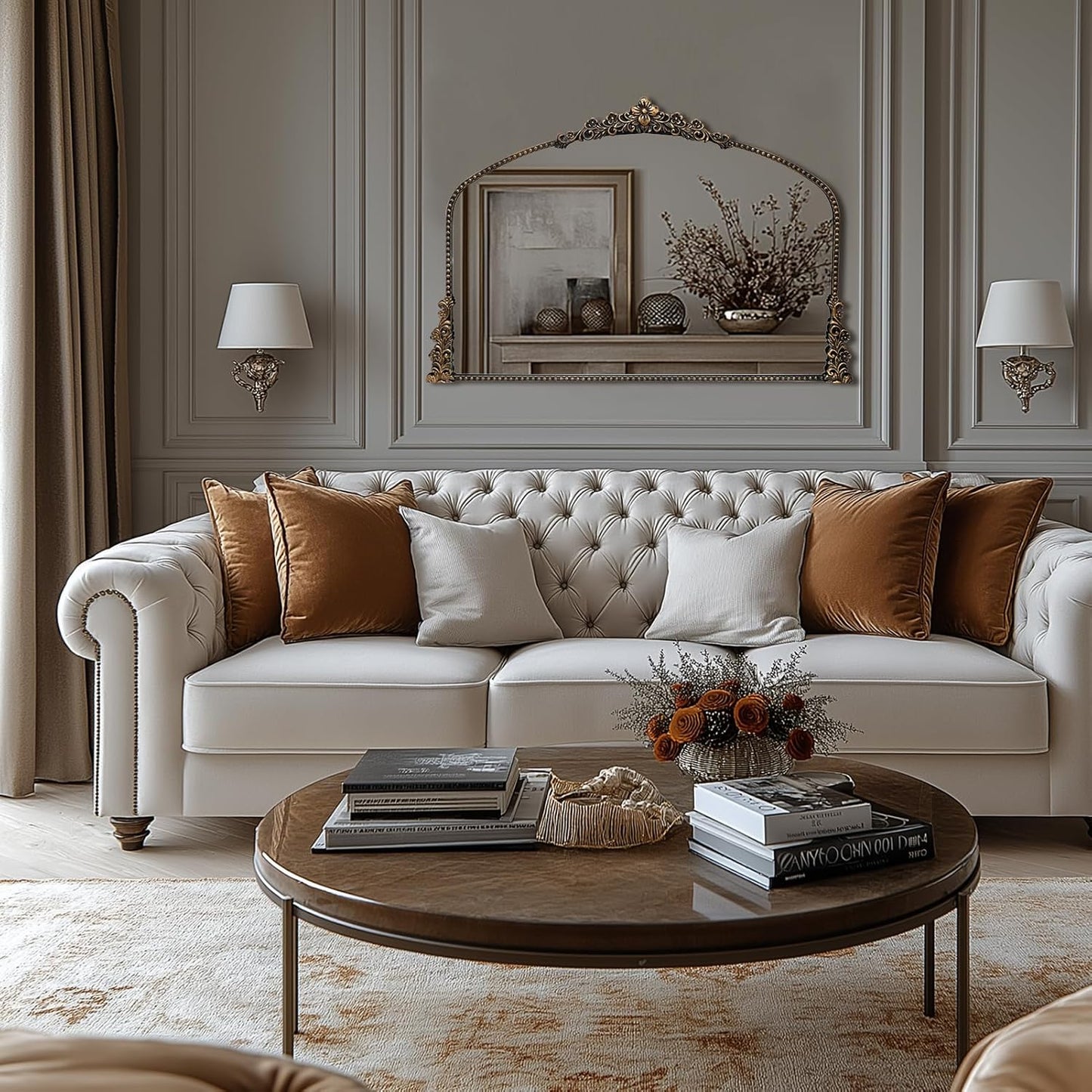 Vintage Arched Mirror, 40"x 30"Antique Baroque Mirror Style Metal Beaded Frame for Entryway Hallway Living Room,Vintage Black