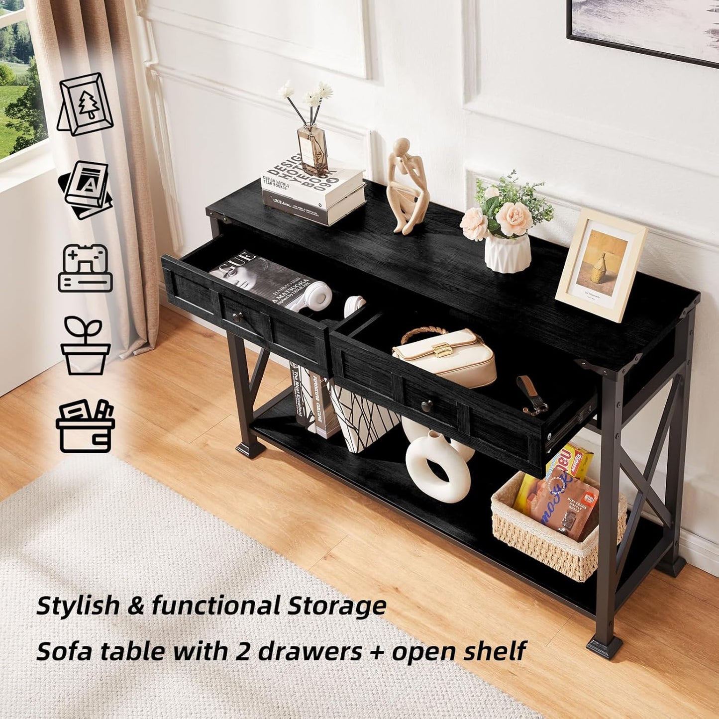 HOMBAZAAR Entryway Table,Rustic Console Table with 2 Drawers, Industrial Console Tables with Storage for Entryway, Hallway, Living Room,Black,47 Inch