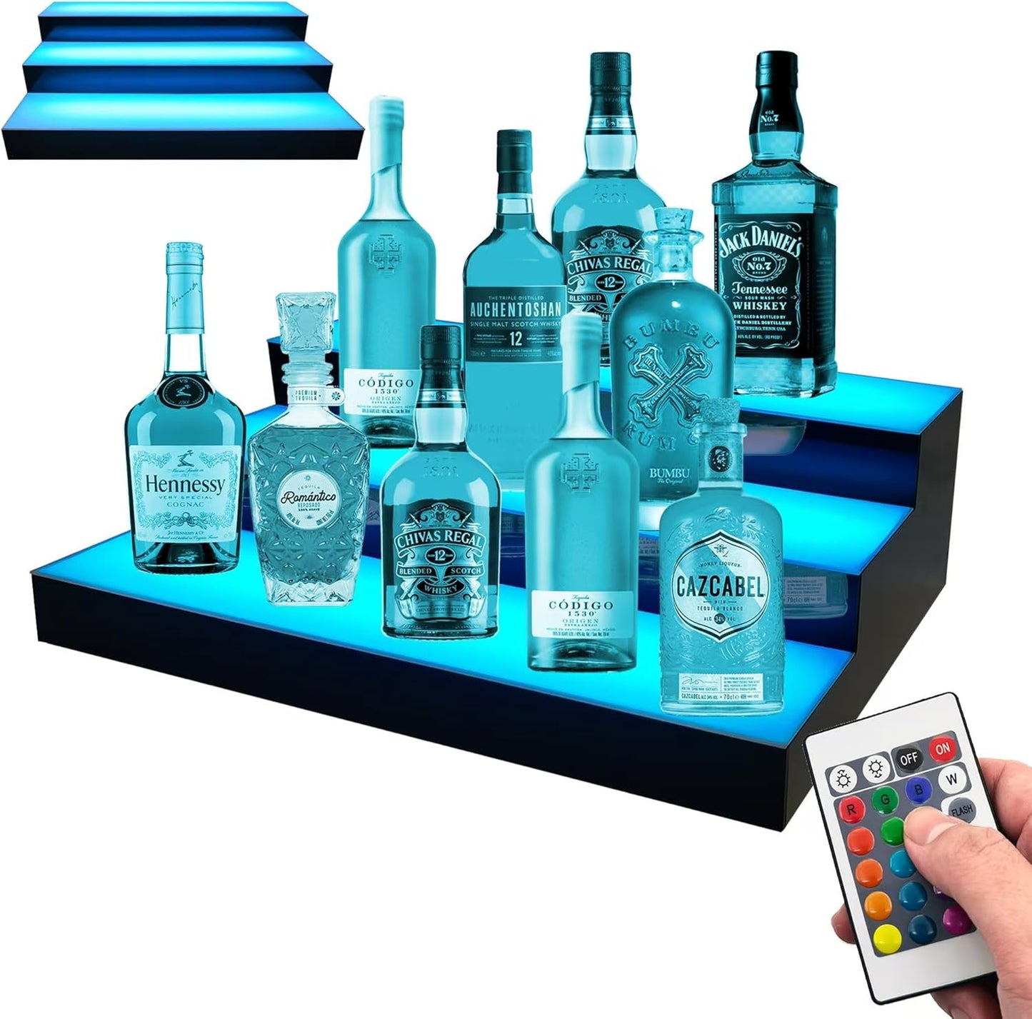Royxen LED Lighted Liquor Bottle Shelf 3 Tier, 24 Inch Bar Shelf with Remote, Bottle Stand Multicolor Lighting Modes for Bars