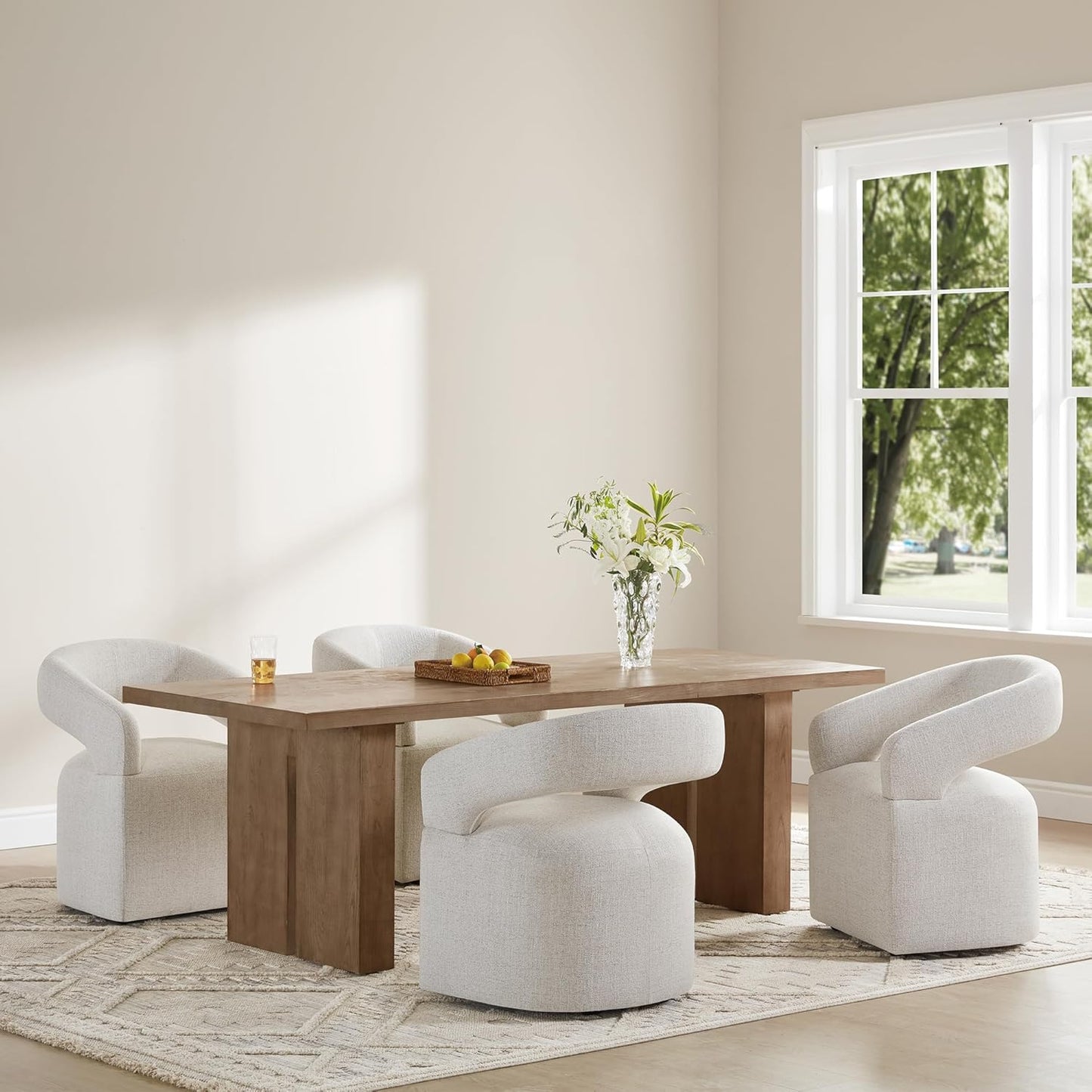 Upholstered Dining Chairs with Casters Modern Barrel Side Armchair with Rollers for Diningroom Bedroom Livingroom Reading Room, Beige, 4PCS