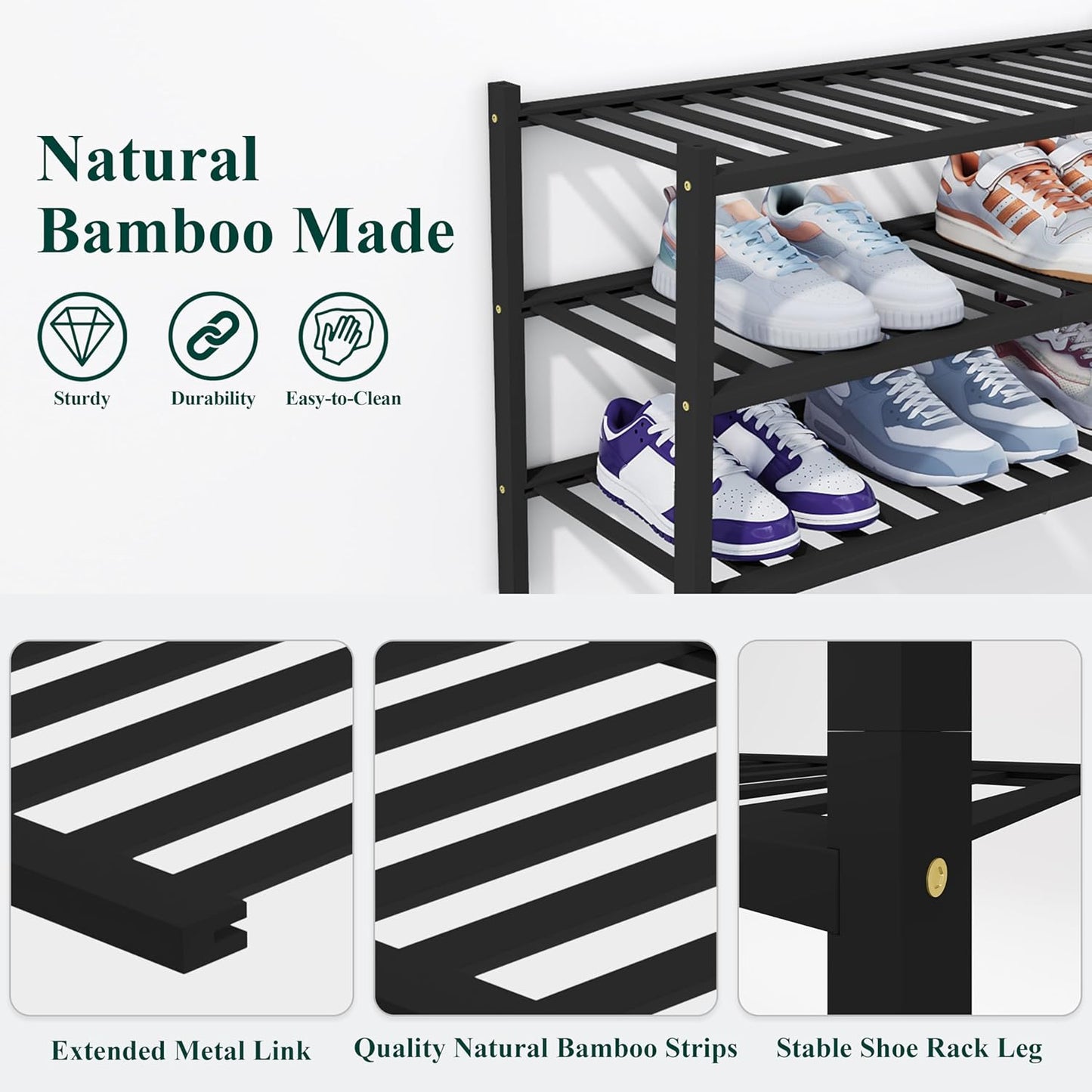 Smiry Shoe Rack, 5 Tier Thick Bamboo Shoe Organizer, Stackable Free Standing Wooden Shoe Storage Shelf for Closet, Entryway, Front Door Entrance, Black