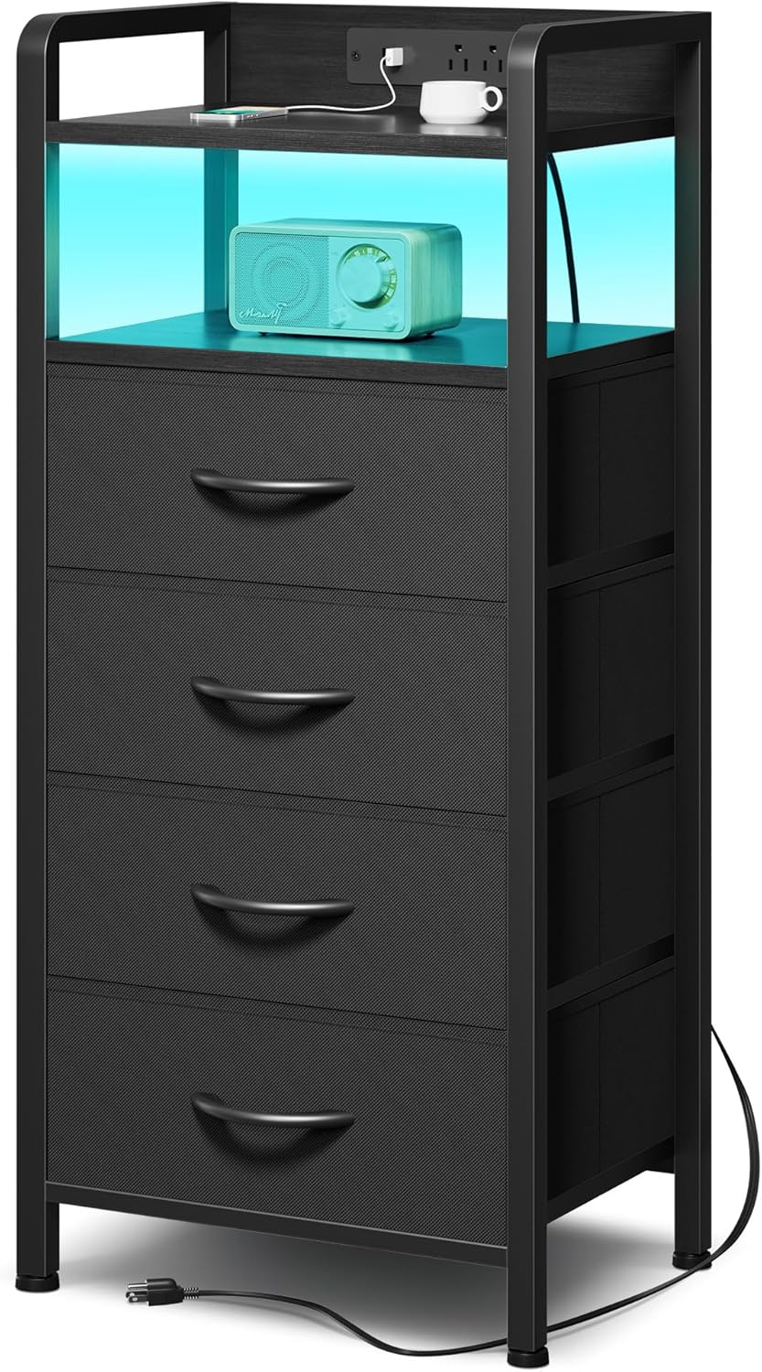 Night Stand Bedside Table Bedroom - Tall Nightstand with Charging Station & LED Light Strip, Bed Side Table with Storage Shelf & 4 Fabric Drawers, 2 U-S-B Ports & 2 AC Outlets