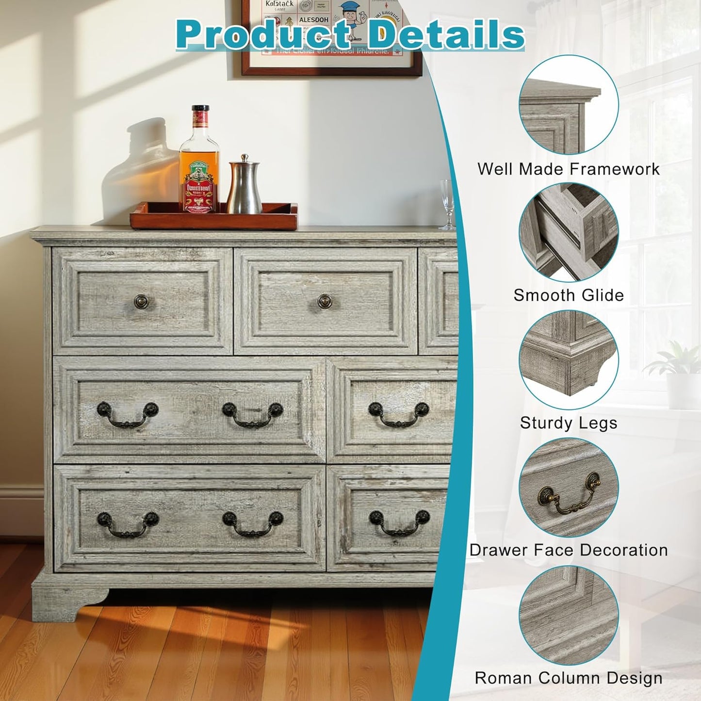 47.2" Farmhouse Sideboard Buffet Cabinet with Storage, Kitchen Buffet Storage Cabinet with 7 Drawers, Modern Wood Accent Sideboard for Living Room, Kitchen, Hallway(Ancient Oak)