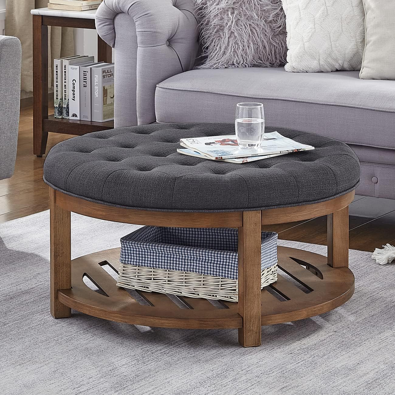 24KF Large Round Upholstered Tufted Linen Ottoman Coffee Table, Large Footrest Ottoman with Wood Shelf Storage-Charcoal
