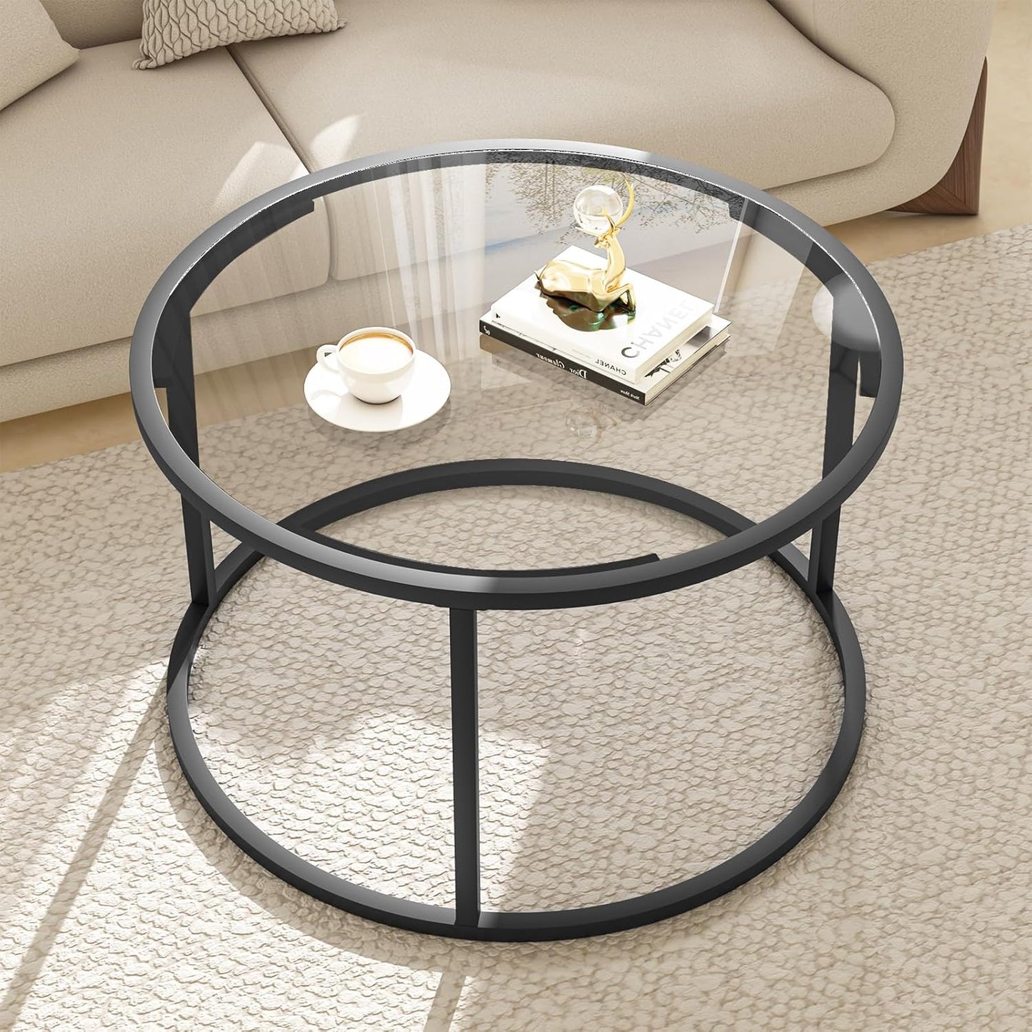 Round Coffee Table,Small Black Coffee Table for Living Room,27" Modern Center Table,Glass Top Clear Coffee Table with Sturdy Metal Frame for for Living Room Home Office, Easy Assembly,Black