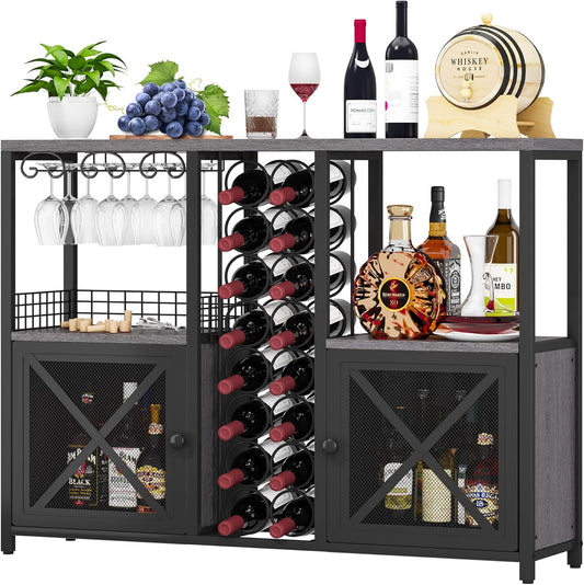 Homeiju Mini Bars for Home, Wooden Coffee Bar Cabinet, Modern Liquor Cabinet for Liquor and Glasses, Farmhouse Buffet Wine Bar Cabinet with Storage Sideboard for Home Kitchen Dining Room (Deep Grey)