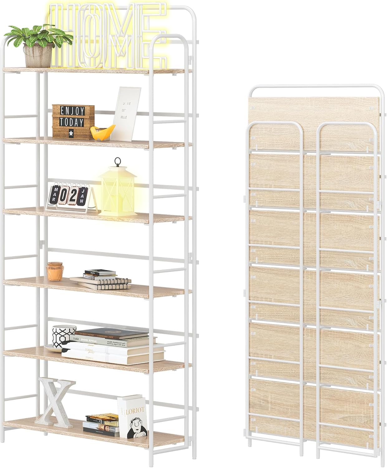 4NM No Assembly Folding Bookshelf 6 Tiers Vintage Industrial White Book Shelf Metal Foldable Storage Bookcase and Bookshelves for Living Room,Bedroom and Kitchen - Natural
