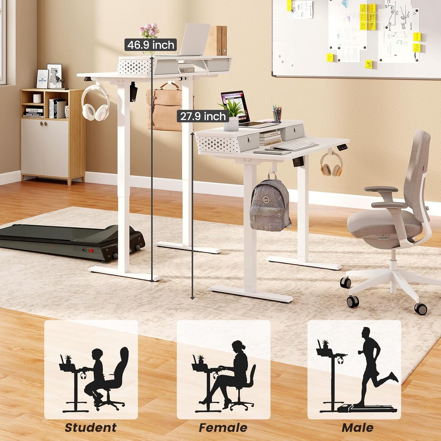 Small Standing Desk with Drawers and Brushless Motor,Electric Sit Stand Desk for Walking Pad,Ergonomic Stand Up Desk for Home Office & Gaming,3 Memory Height Preset & Hooks(35" x 20",White)