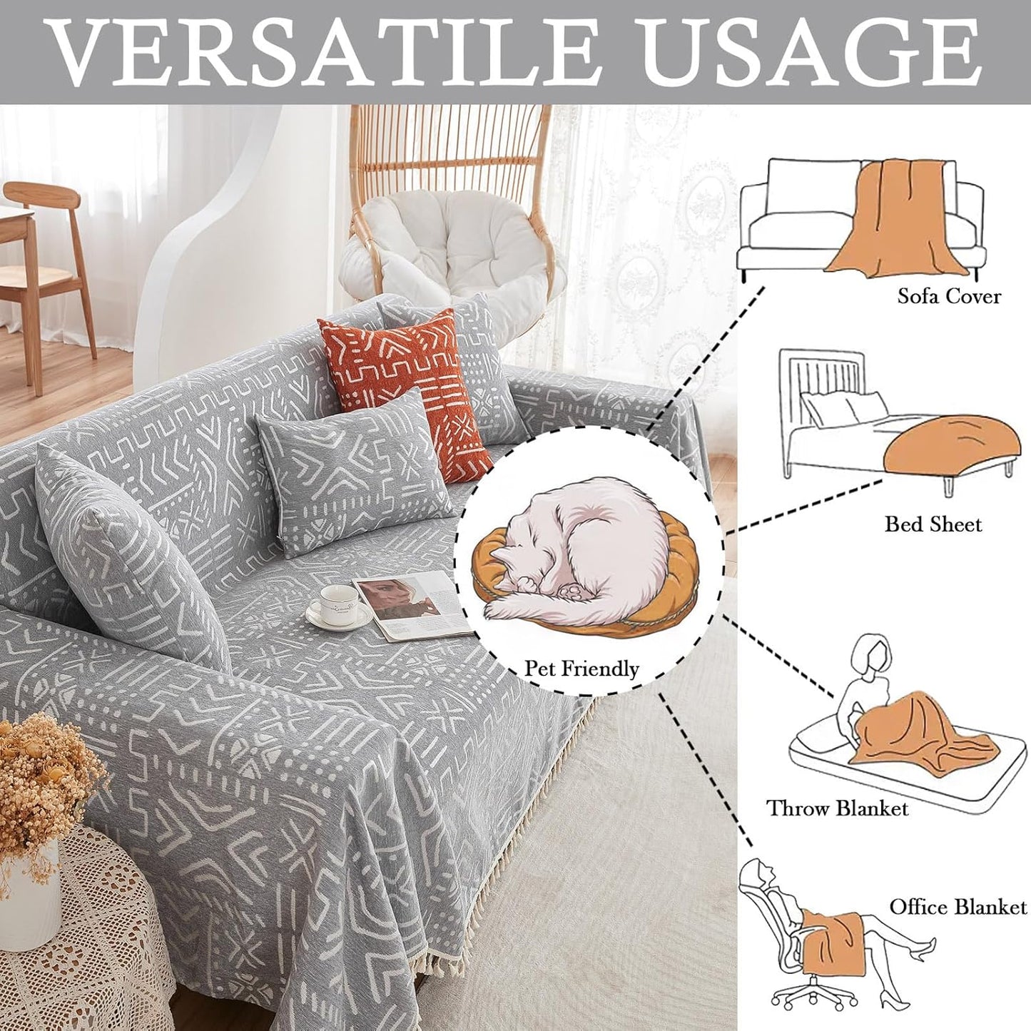 HANDONTIME Bohemian Grey and White Couch Cover for Dogs Aztec Tribal Sofa Covers 3 Cushion Aesthetic Tassel Slipcover Seat Universal Loverseat Futon Cover, 71/'' X118/'', Tassel 2:grey/White