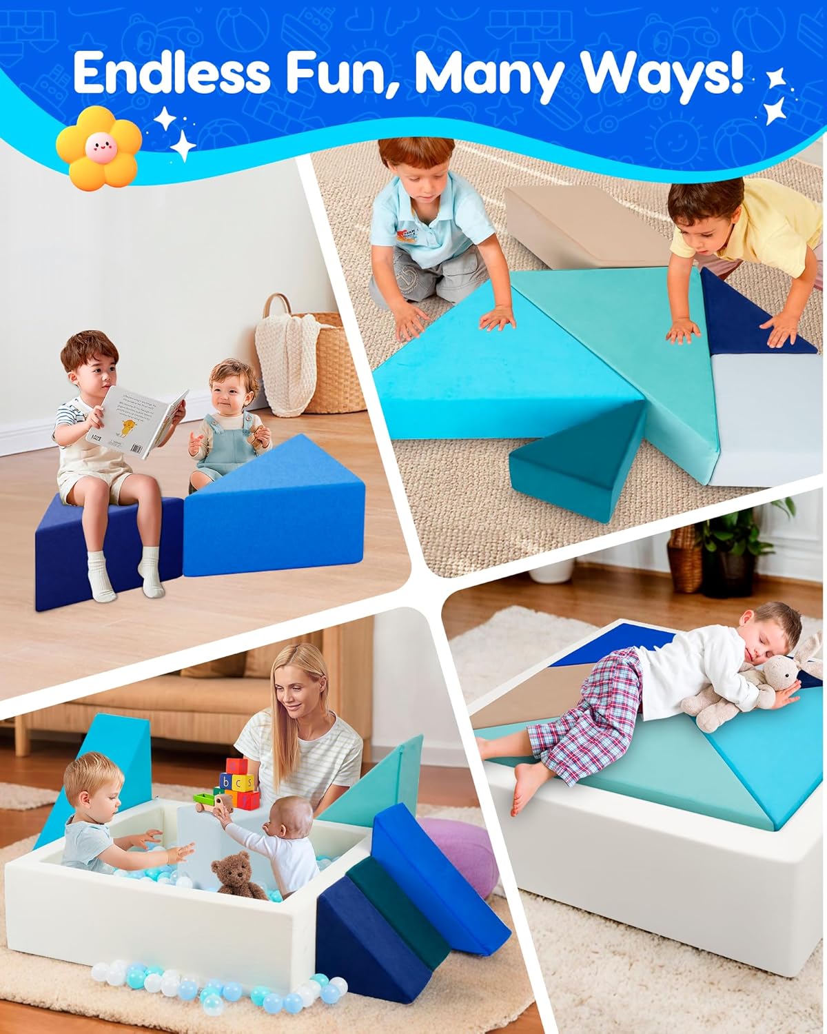 Kids Play Sofa, Tangram Square Puzzles Couch Furniture, Modular Kids Play Couchs Furniture, Puzzle Solving Couch Building Fort for Playroom Bedroom Boys Girls Teens, Ocean