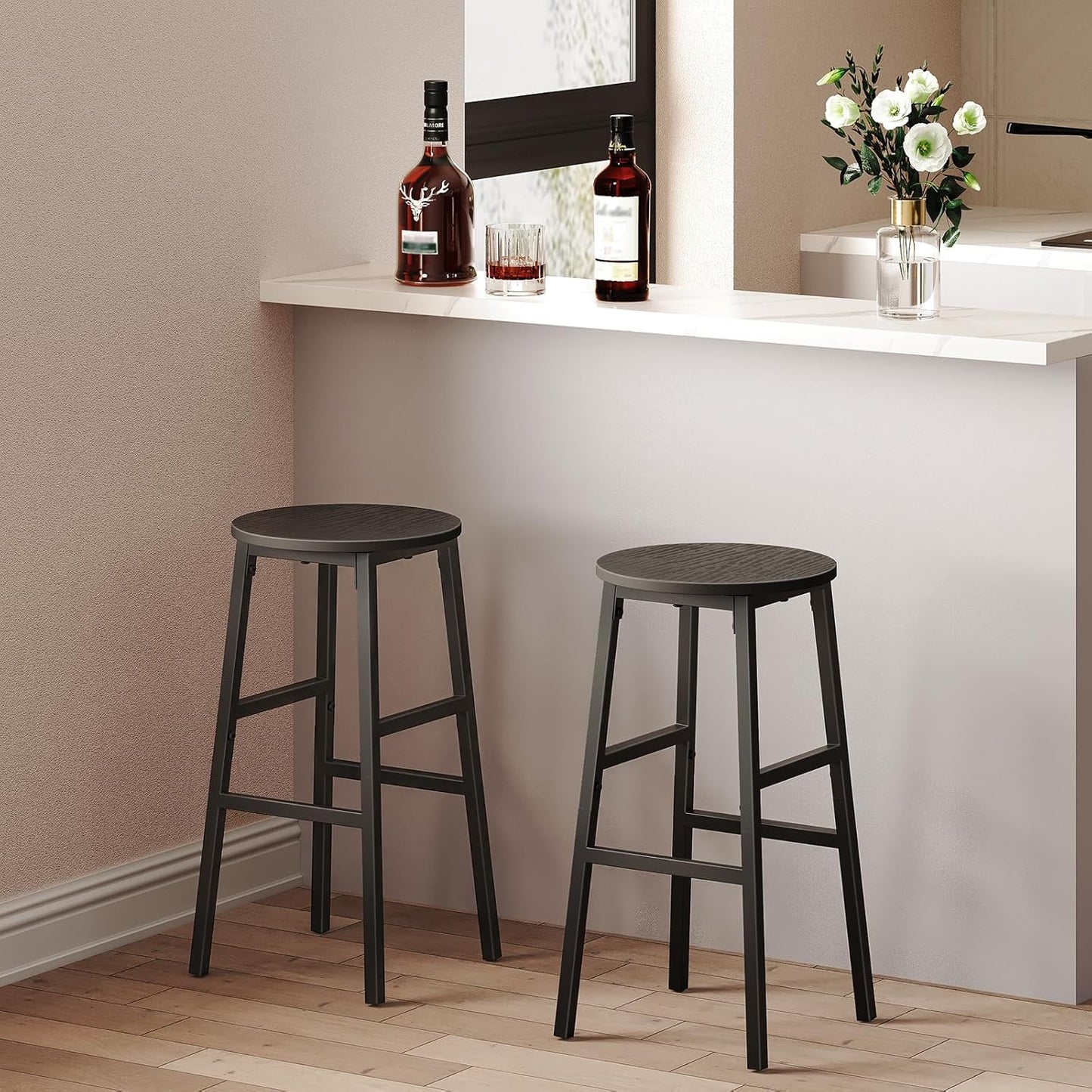 Bar Stools, Set of 2 Round Bar Chairs with Footrest, 24.4 Inch Kitchen Breakfast Bar Stools, Industrial Bar Stools, Easy Assembly, for Dining Room, Kitchen, Black BAHB0201