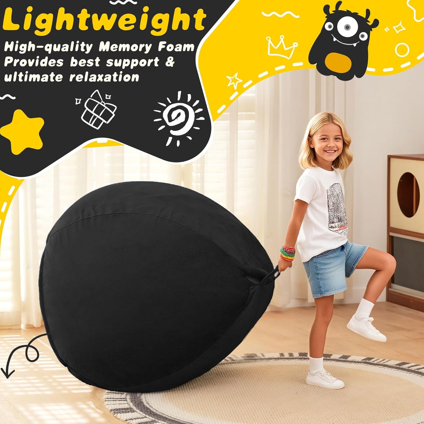 HABUTWAY 2FT Bean Bag Chair, 2' Beanbags Small Bean Bag Chairs with Filling, Teardrop Bean Bag Chair Luxurious Velvet Ultra Soft Fur with Removable Cover (Black)