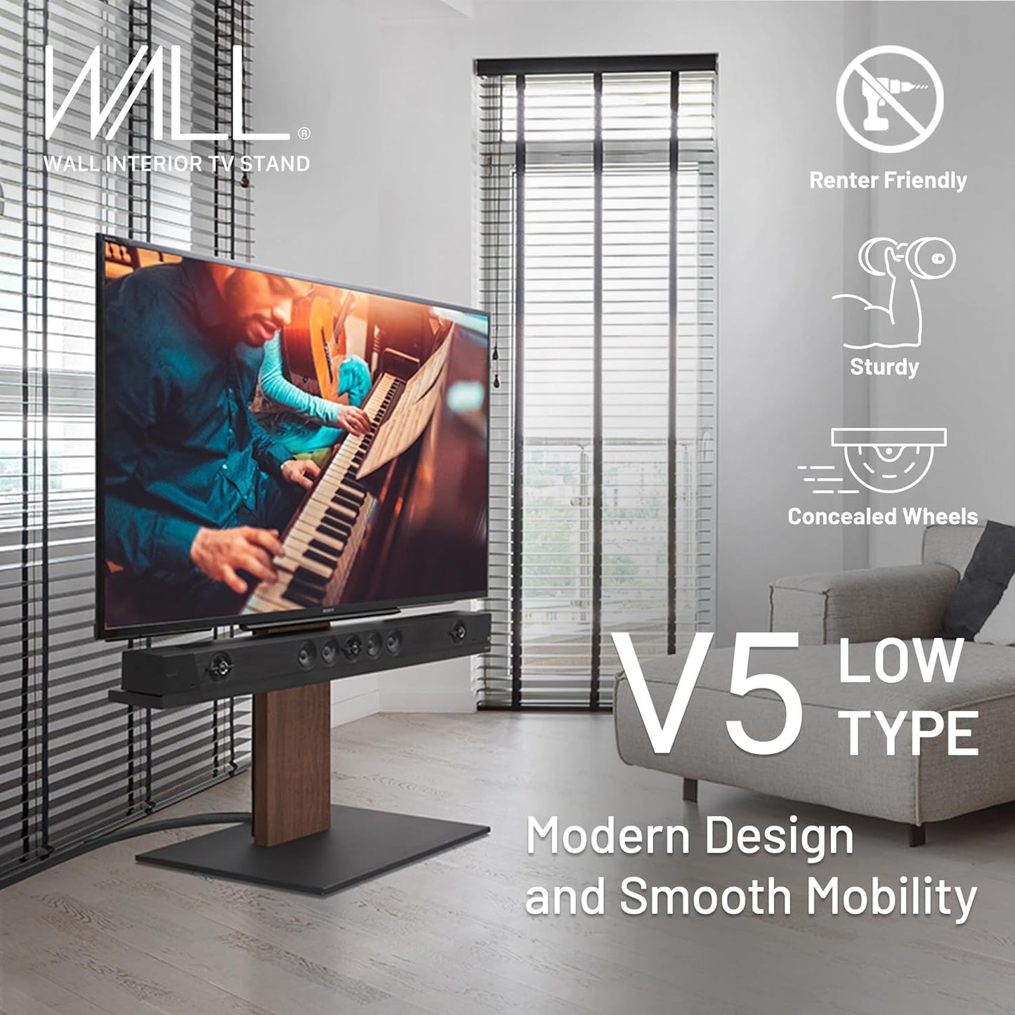 WALL V5 Low Type | Minimalist Rolling TV Stand for 32–80 Inch | Walnut | Portable, Space Saving, Height Adjustable, No Drill | for Living Room and Bedroom | Japan-Engineered Design