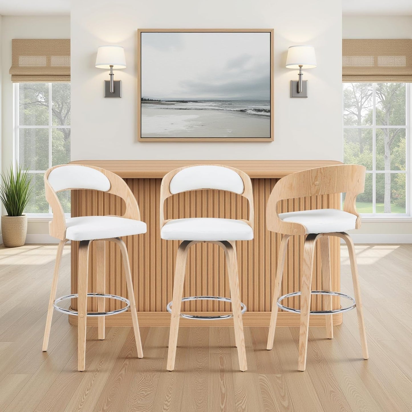 Shelly Modern Bar Height Swivel Stool in Patterned Oak Finish with White Faux Leather Upholstered Seat Set of 4