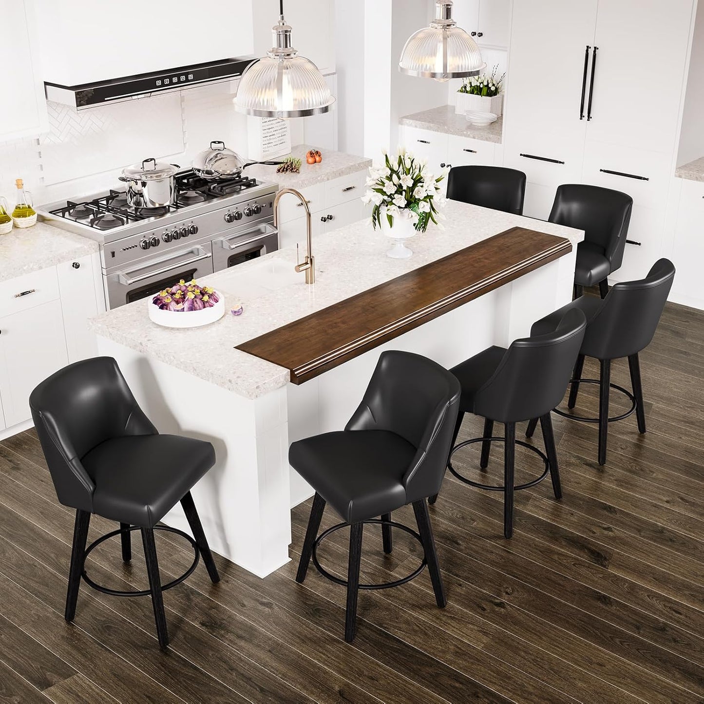 Counter Height Swivel Bar Stools Set of 6, 26 Inch Bar Stools with Footrest, Faux Leather Upholstered Barstools with Back and Solid Wood Legs for Kitchen Island, Dining Room,Pub,Black