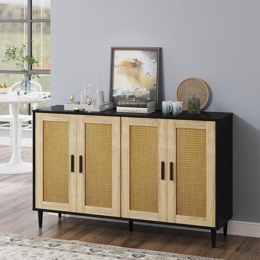 Black Buffet Sideboard,Kitchen Storage Cabinet with 4 Rattan Decorated Doors,Coffee Bar Cabinet with Adjustable Shelves for Living Room,Hallway