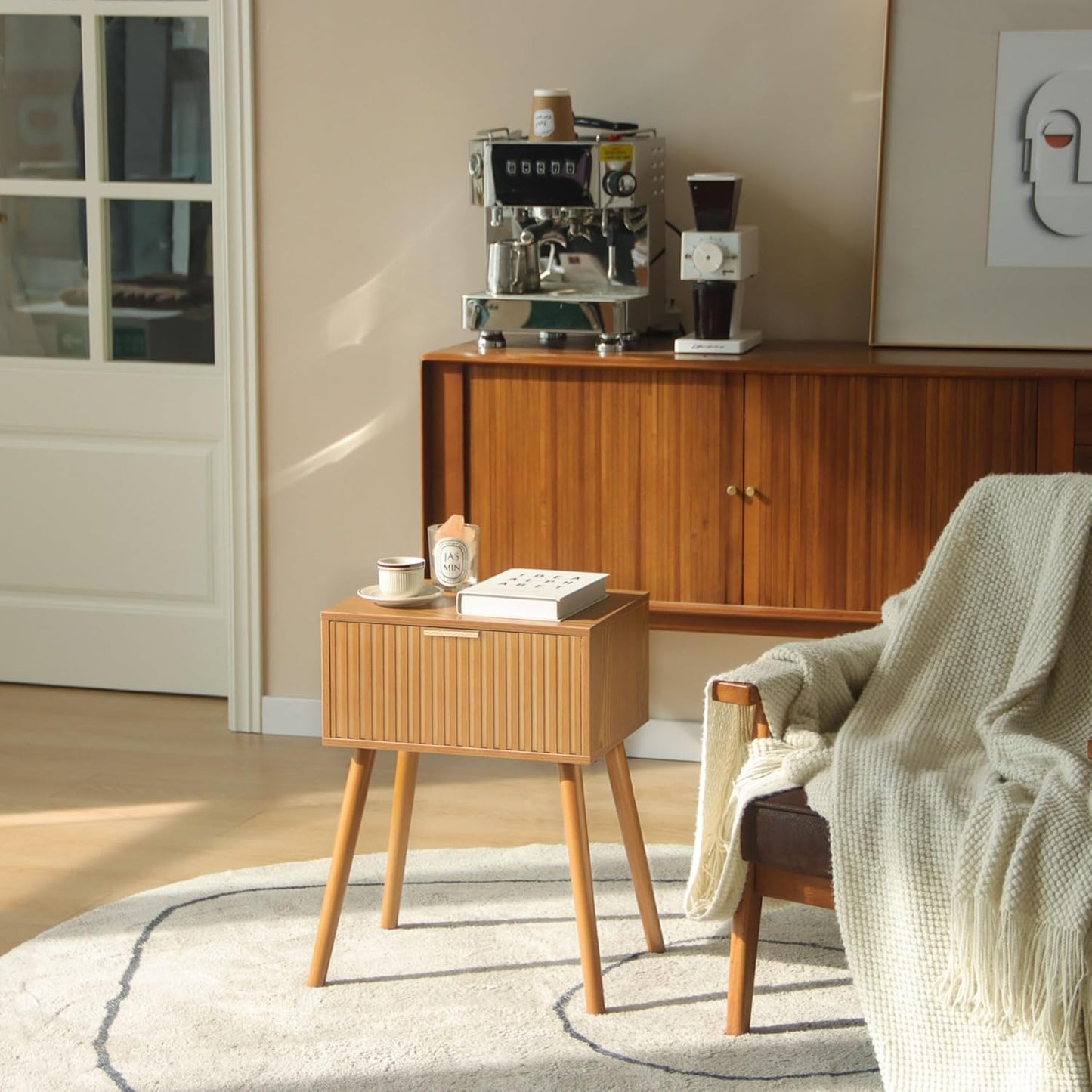 Fluted Nightstand, Small Bedside Table with Storage Drawer, Accent End Table Living Room for Bedroom and Small Space, Brown