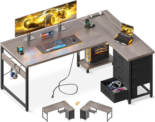 AODK L Shaped Desk with 4 Tier Drawers, 53" Reversible Gaming Desk with Power Outlets, L Shaped Computer Desk with USB Charging Port and Host Stand, Home Office Corner Desk, Easy to Assemble, Grey Oak