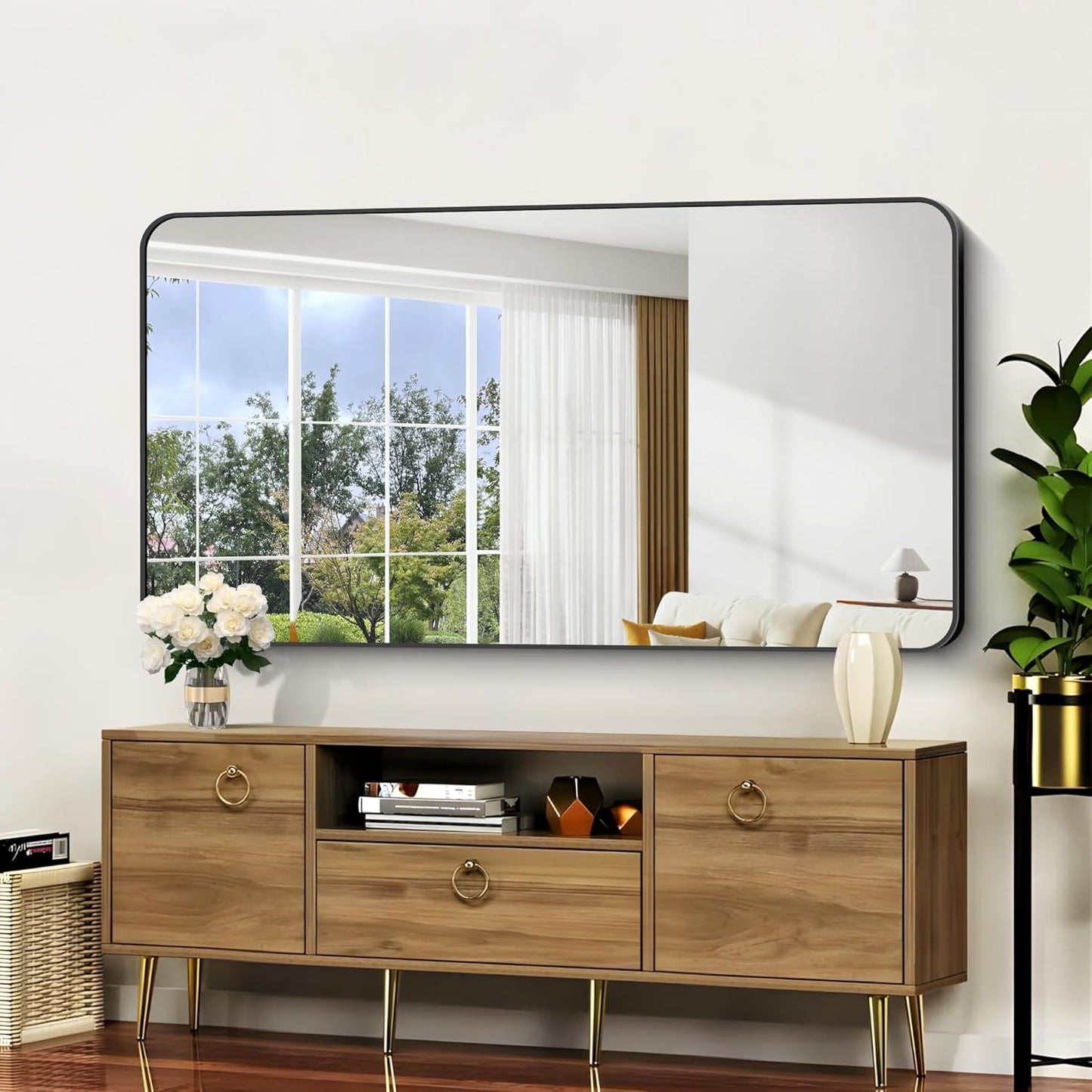 Bathroom Mirror, 30x60 inch Black Rectangle Wall Mirror, Metal Frame Rounded Corner Vanity Mirror, Large Wall Mounted Mirrors for Over Sink Bedroom Living Room Horizontal Or Vertical Mounting