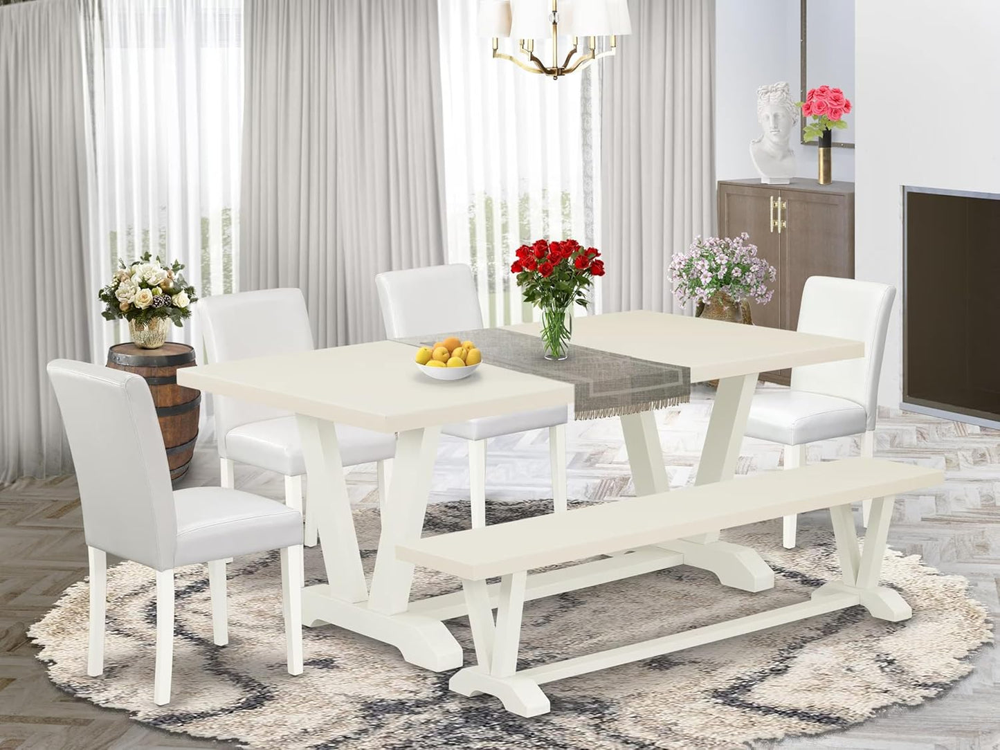 East West Furniture V027AB264-6 6 Piece Dining Set Contains a Rectangle Dining Room Table with V-Legs and 4 White Faux Leather Parson Chairs with a Bench, 40x72 Inch, Multi-Color