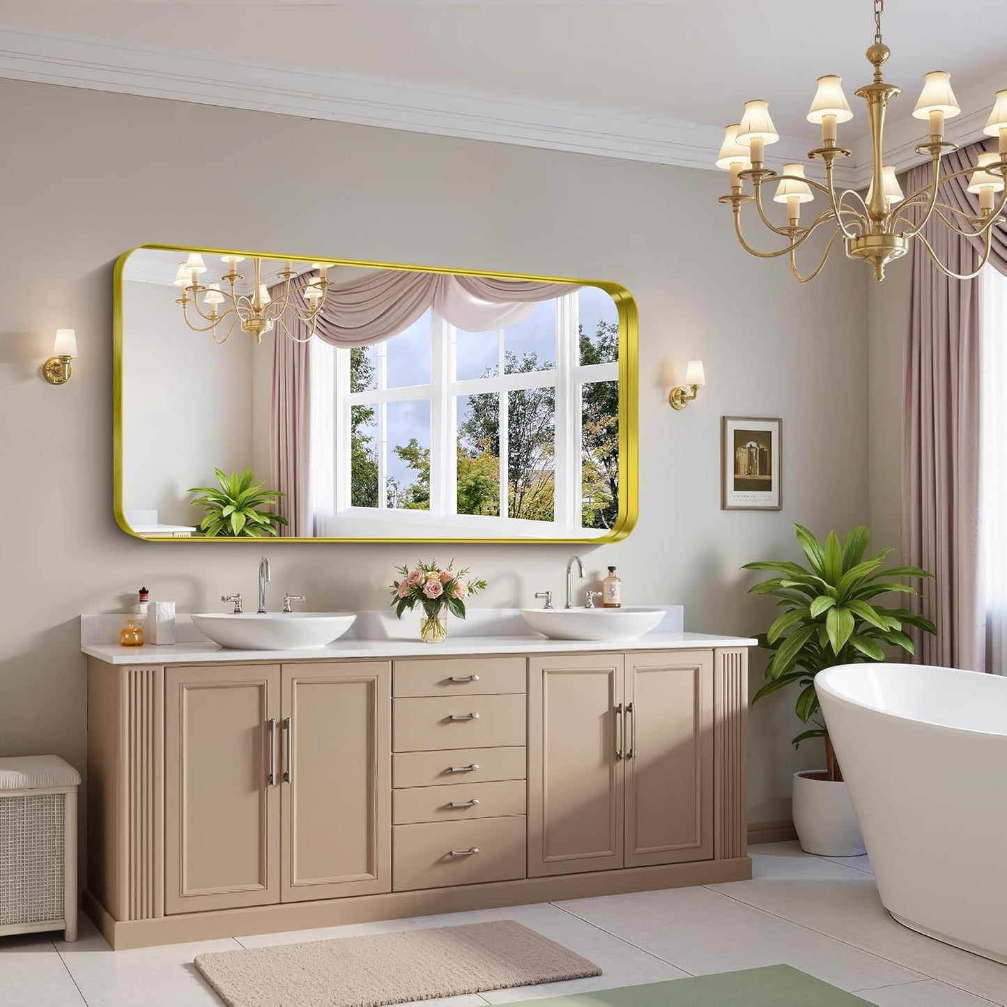 FORBATH 60x30 Inch Large Bathroom Mirror for Double Sinks, Brushed Gold Deep Frame Wall Mirror with Rounded Corners, Anti-Rust Tempered Glass for Modern Farmhouse Vanity (Horizontal/Vertical)