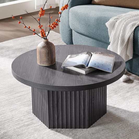 SICOTAS Round Coffee Table for Living Room, Mid Century Modern Fluted Center Coffee Table with Storage, 32" Circle Accent Tea Dining Table for Apartment, Dark Grey Alder